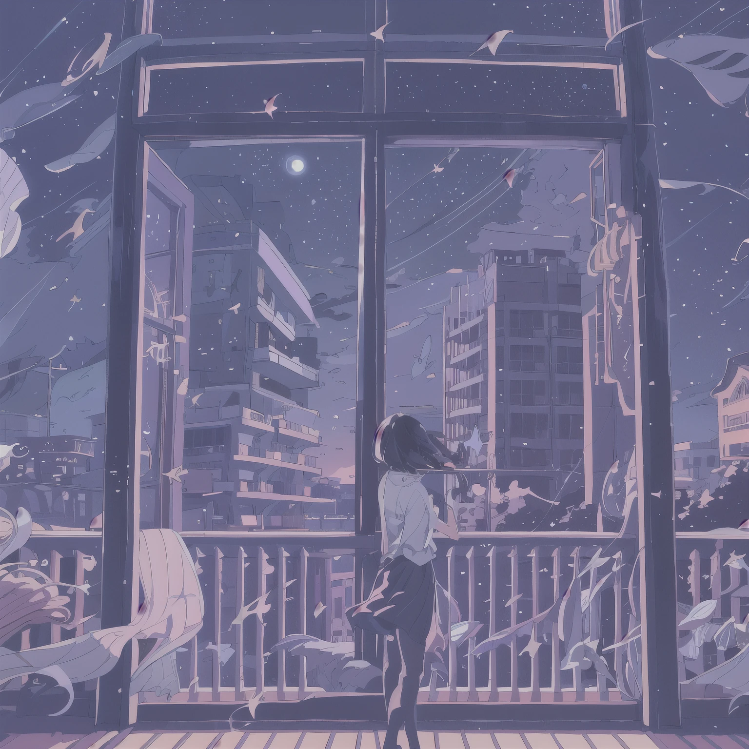 One girl, with short hair cascading down her shoulders, stands alone in front of large windows overlooking the city. The night sky outside is a beautiful canvas of stars, and she leans against the sliding door with one leg slightly spread, her skirt billowing slightly in the gentle breeze. The whole scene is bathed in the soft glow of the moonlight, casting long shadows and highlighting her delicate features. She gazes out at the starry sky, a contented red blush on her cheeks, her long hair catching the moonbeams and shimmering like spun gold. The night is still, and the city is hushed, as if holding its breath in awe of the serene beauty before it.