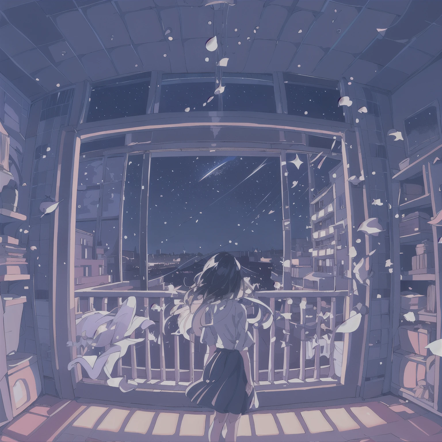 One girl, with short hair cascading down her shoulders, stands alone in front of large windows overlooking the city. The night sky outside is a beautiful canvas of stars, and she leans against the sliding door with one leg slightly spread, her skirt billowing slightly in the gentle breeze. The whole scene is bathed in the soft glow of the moonlight, casting long shadows and highlighting her delicate features. She gazes out at the starry sky, a contented red blush on her cheeks, her long hair catching the moonbeams and shimmering like spun gold. The night is still, and the city is hushed, as if holding its breath in awe of the serene beauty before it.