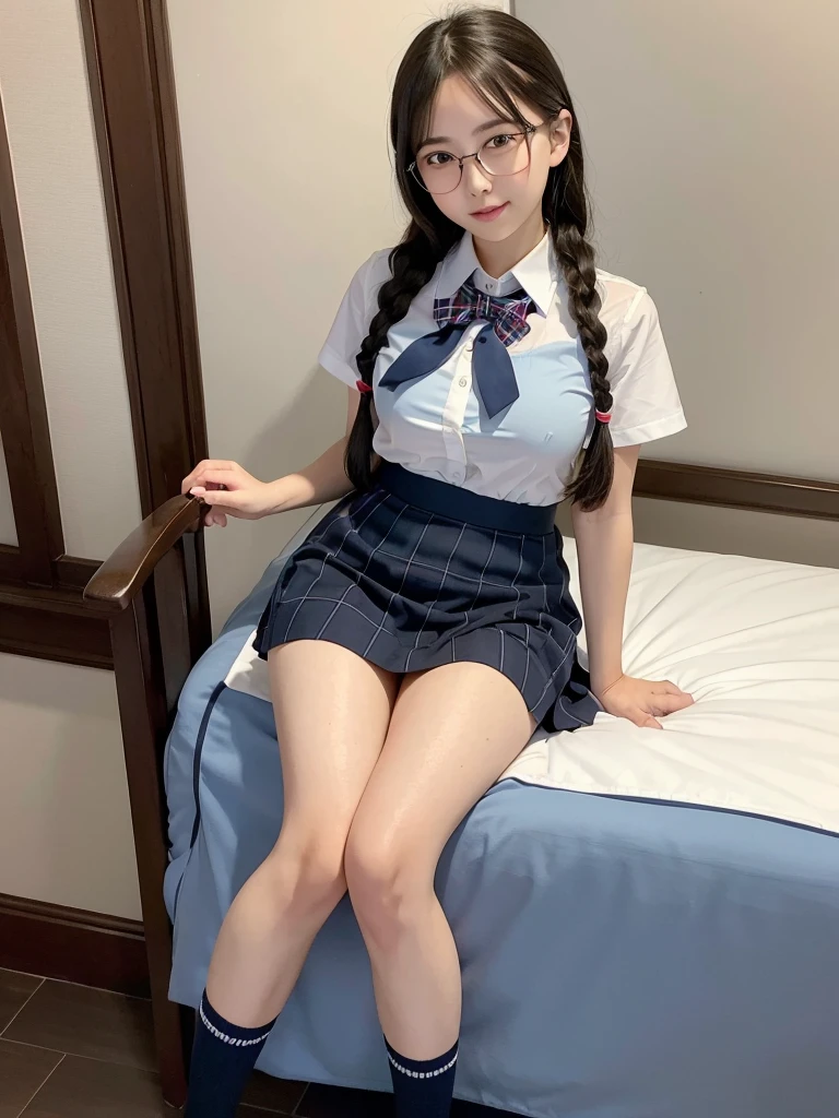 (highest quality),(High resolution),(8K),high school girl,The whole body is shown,(Large Breasts),Long, slender legs,Beautiful feet,Slender,Narrow waist,Black Hair,Small Face,Braid,Glasses,cute,smile,Red bow tie,Light blue tight shirt,A shirt that accentuates the shape of the chest,Navy and blue checked short pleated skirt,mini skirt,Wearing dark stockings,(3人のhigh school girl)