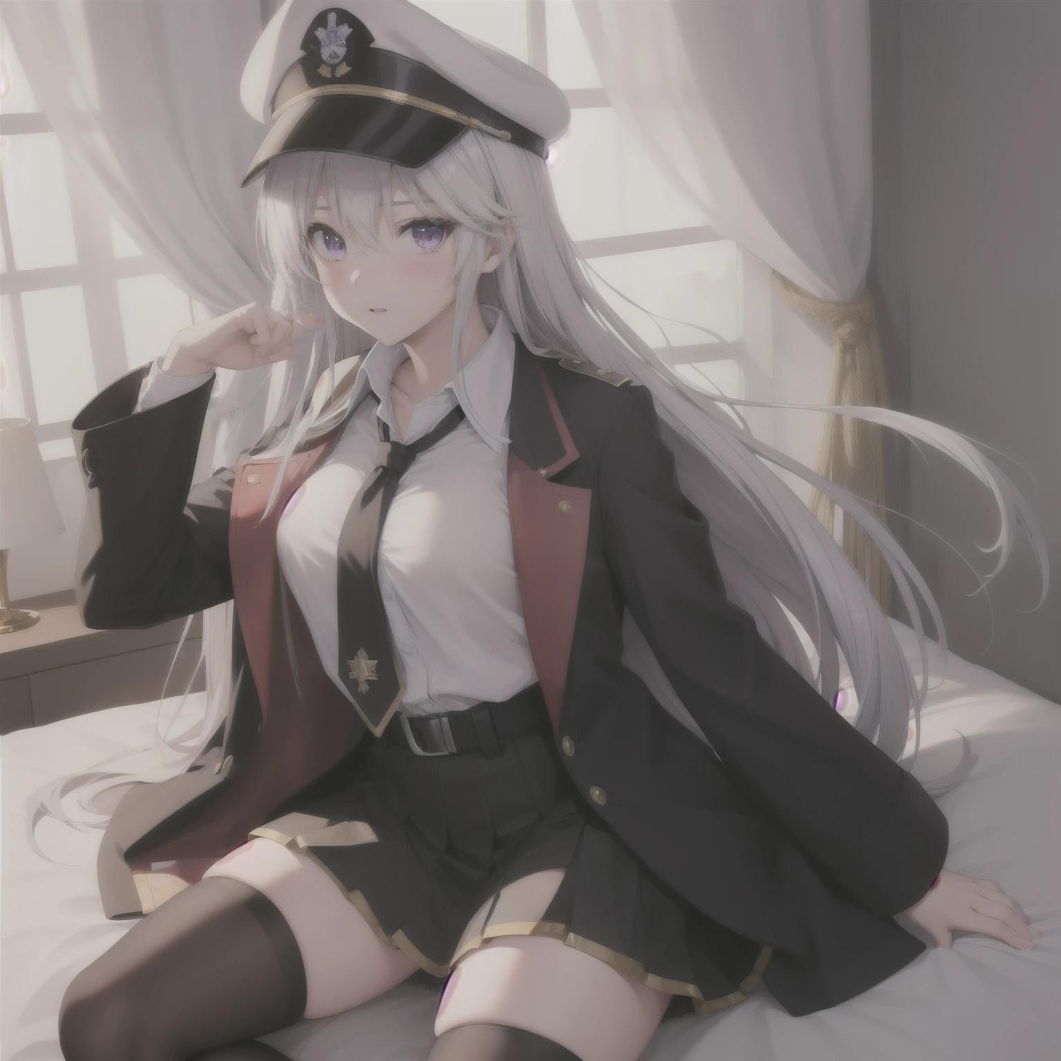 (masterpiece, highest quality:1.2),figure,8k,High resolution,One girl,alone,Cowboy Shot,length_hair,((はだけたClothes装,Sexy pose,chestの谷between,whiteいビキニ、On the bed)),Have,tie,white Have,skirt,white_hair,Knee socks,Peaked_cap,purple_eye,chest,black_tie,Pleats_skirt,very_length_hair,big_chest,black_coat,miniskirt,Open_coat,just_shoulder,Open_Clothes,zettai_ryouiki,black_Knee socks,army_Have,belt,black_skirt,With collar_shirt,前hair,hair_between_eye,Underbust,blush,