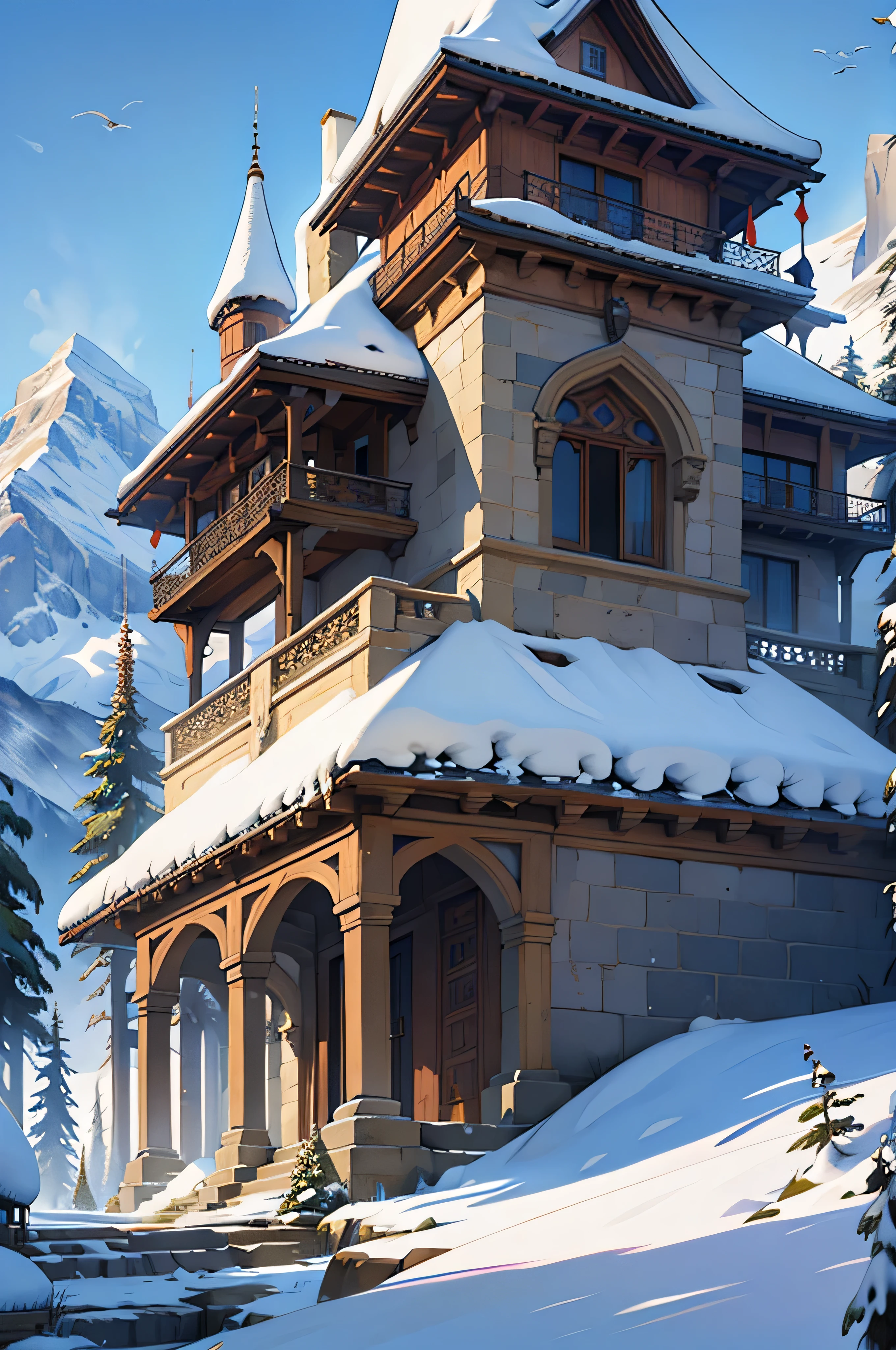 ((masterpiece)), ((best quality)), ((High Detail)) Epic Castle, No humans, snow,Background is mountain, And all kinds of exotic plants and animals,