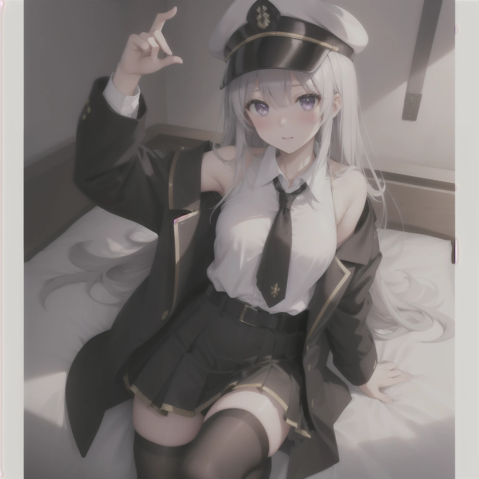 (masterpiece, highest quality:1.2),figure,8k,High resolution,One girl,alone,Cowboy Shot,length_hair,((はだけたClothes装,Sexy pose,chestの谷between,whiteいビキニ、On the bed)),Have,tie,white Have,skirt,white_hair,Knee socks,Peaked_cap,purple_eye,chest,black_tie,Pleats_skirt,very_length_hair,big_chest,black_coat,miniskirt,Open_coat,just_shoulder,Open_Clothes,zettai_ryouiki,black_Knee socks,army_Have,belt,black_skirt,With collar_shirt,前hair,hair_between_eye,Underbust,blush,