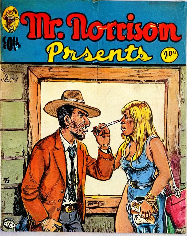 Vintage comic book with title text: "Mr. Norrisom (Norrisom presents vol.1) ", un hombre con sombrero y barba fumando un cigarrillo, un mustang color plata gt 1967, un hotel de fondo con una mujer rubia, a number 67, a microphone lying on the floor, y el nombre "itza morrison" en una ventana.