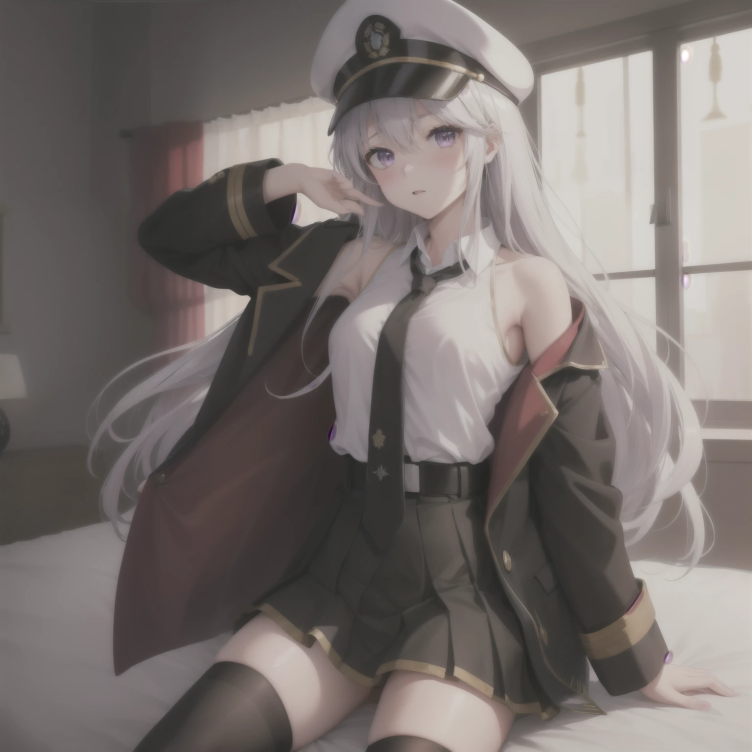 (masterpiece, highest quality:1.2),figure,8k,High resolution,One girl,alone,Cowboy Shot,length_hair,((はだけたClothes装,Sexy pose,chestの谷between,whiteいビキニ、On the bed)),Have,tie,white Have,skirt,white_hair,Knee socks,Peaked_cap,purple_eye,chest,black_tie,Pleats_skirt,very_length_hair,big_chest,black_coat,miniskirt,Open_coat,just_shoulder,Open_Clothes,zettai_ryouiki,black_Knee socks,army_Have,belt,black_skirt,With collar_shirt,前hair,hair_between_eye,Underbust,blush,