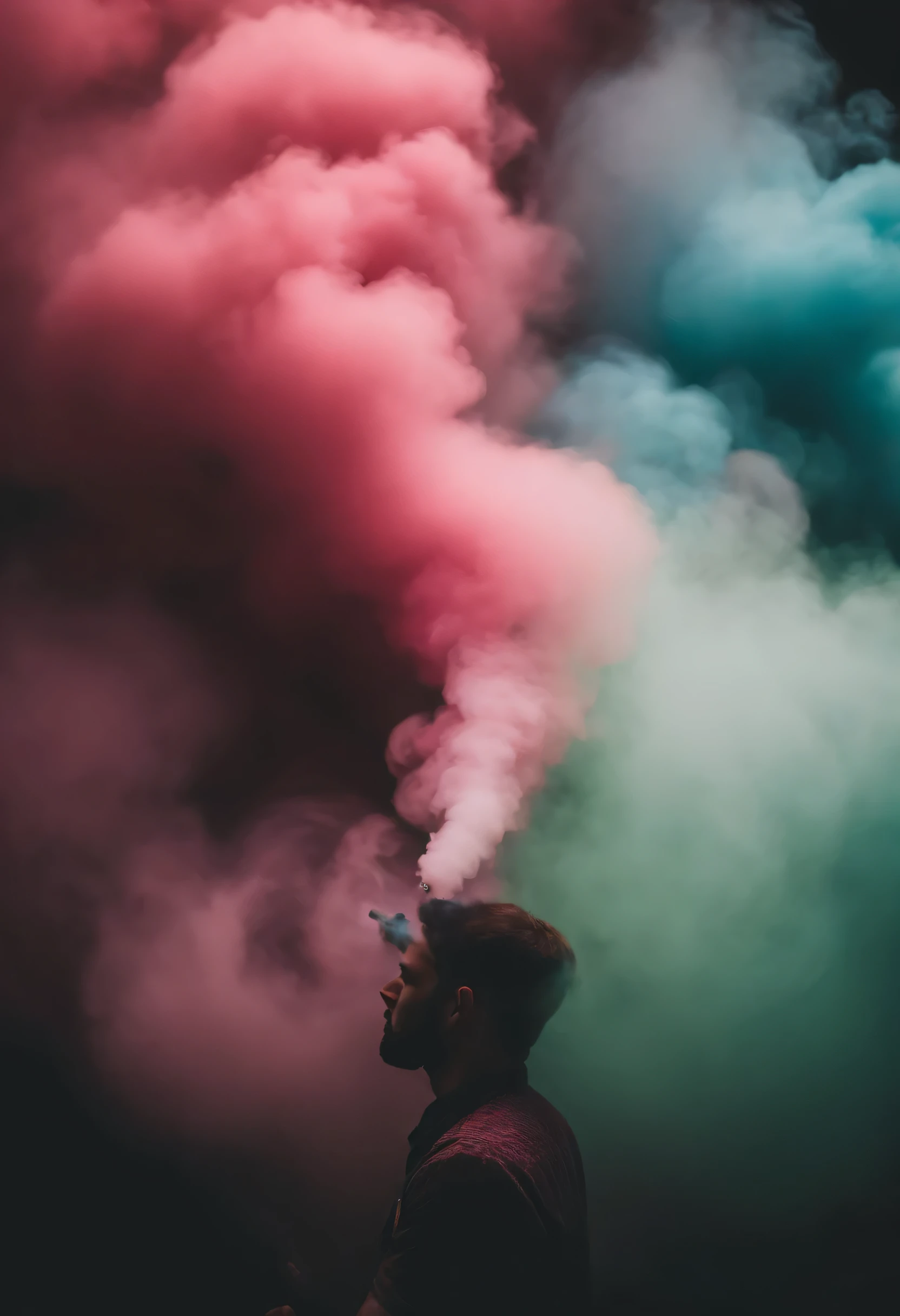 Holding an electronic cigarette,Surrounded by colored smoke