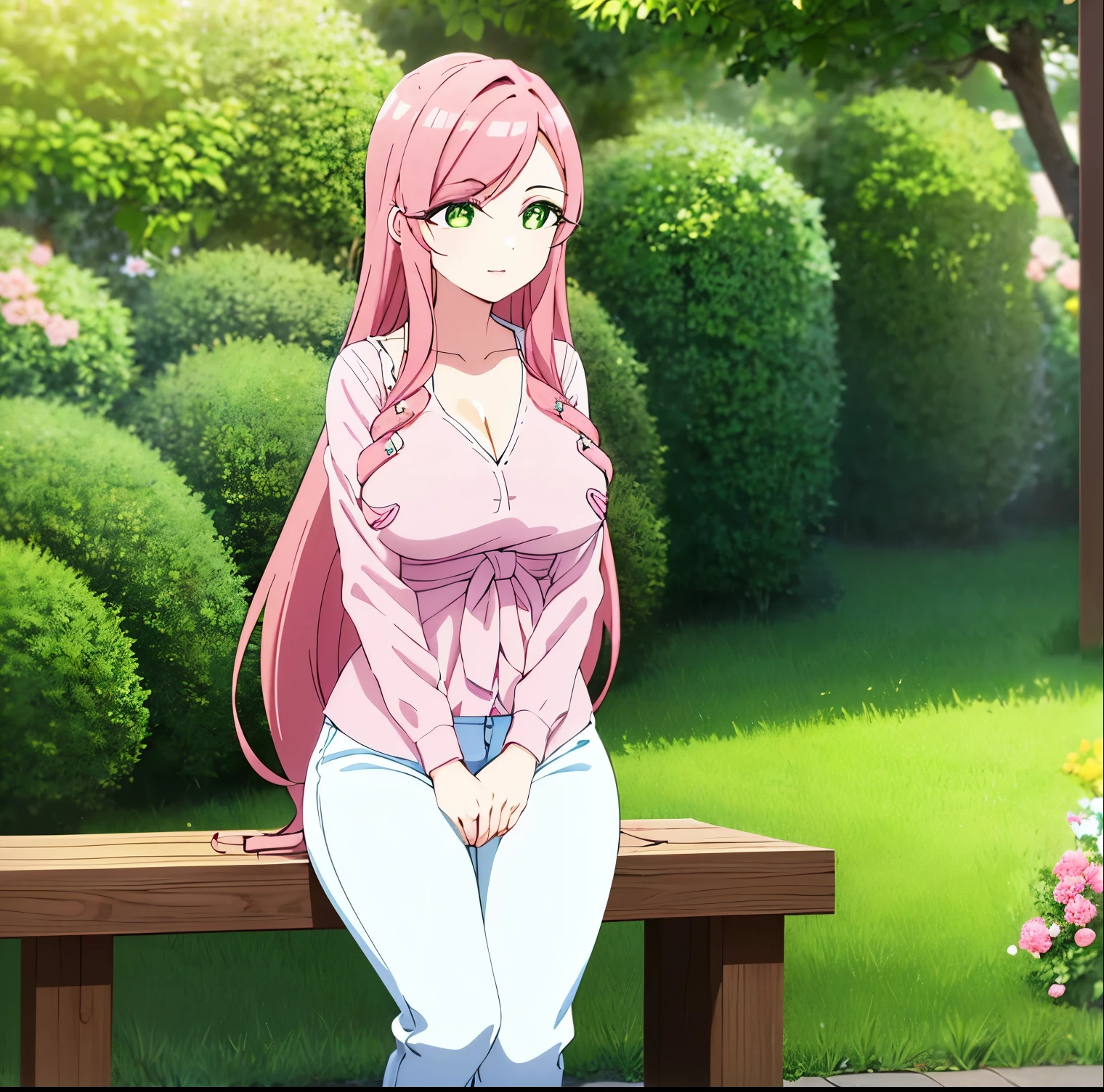 1 girl, alone, hahari hanazono, long hair, bangs, (green eyes: 1.2), pink hair, flower, hair flower, green eyes, smile, outdoors, street, sitting on bench, (pink blouse: 1.5), print white floral, bare waist, blue jeans, skinny jeans, from behind, looking at viewer, pov: (from below) (masterpiece: 1.2), best quality, high resolution, Unity 8k wallpaper, (artwork: 0.8 ), green eyes (beautiful detailed eyes: 1.6), extremely detailed face, perfect lighting, extremely detailed CG (perfect hands, perfect anatomy), large breasts, medium waist. , wide hips, medium thighs, round butt