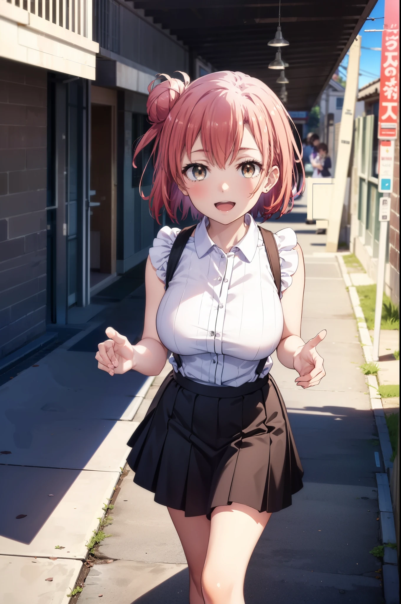yuiyuigahama, yui yuigahama, short hair, (Brown eyes:1.5), (Pink Hair:1.2), Hair Bun, single Hair Bun, smile, (Big Breasts:1.2),happy smile, smile, Open your mouth,
, Sleeveless dress,Long skirt,Cute Sandals,walking,Real Summer,Daytime,sunny,whole bodyがイラストの中に入っていくように,
break outdoors ,School School building, break looking at viewer, whole body,
break (masterpiece:1.2), highest quality, High resolution, unity 8k wallpaper, (shape:0.8), (Beautiful and beautiful eyes:1.6), Highly detailed face, Perfect lighting, Highly detailed CG, (Perfect hands, Perfect Anatomy),