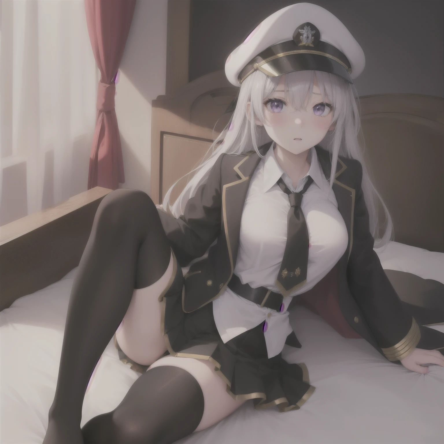 (masterpiece, highest quality:1.2),figure,8k,High resolution,One girl,alone,Cowboy Shot,length_hair,((はだけたClothes装,Sexy pose,chestの谷between,whiteいビキニ、On the bed)),Have,tie,white Have,skirt,white_hair,Knee socks,Peaked_cap,purple_eye,chest,black_tie,Pleats_skirt,very_length_hair,big_chest,black_coat,miniskirt,Open_coat,just_shoulder,Open_Clothes,zettai_ryouiki,black_Knee socks,army_Have,belt,black_skirt,With collar_shirt,前hair,hair_between_eye,Underbust,blush,