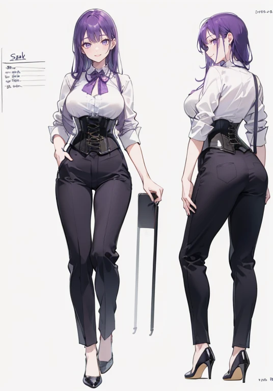 Purple hair,Long hair,Adult female,Bartender,((Rolling up your sleeves shirt)),(Corset),(slacks),High heels,((Simple background)),Smile,((Full body)),((whole body)),Character Sheet,