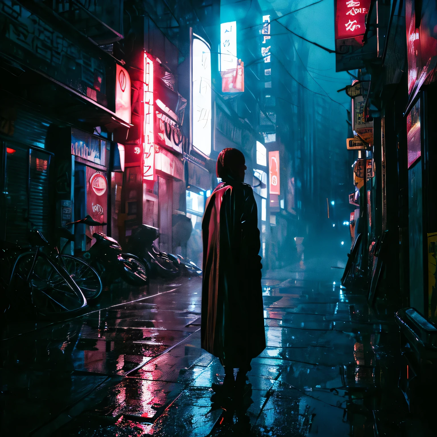 1girl,Night city,rain,coat,Hands in pockets