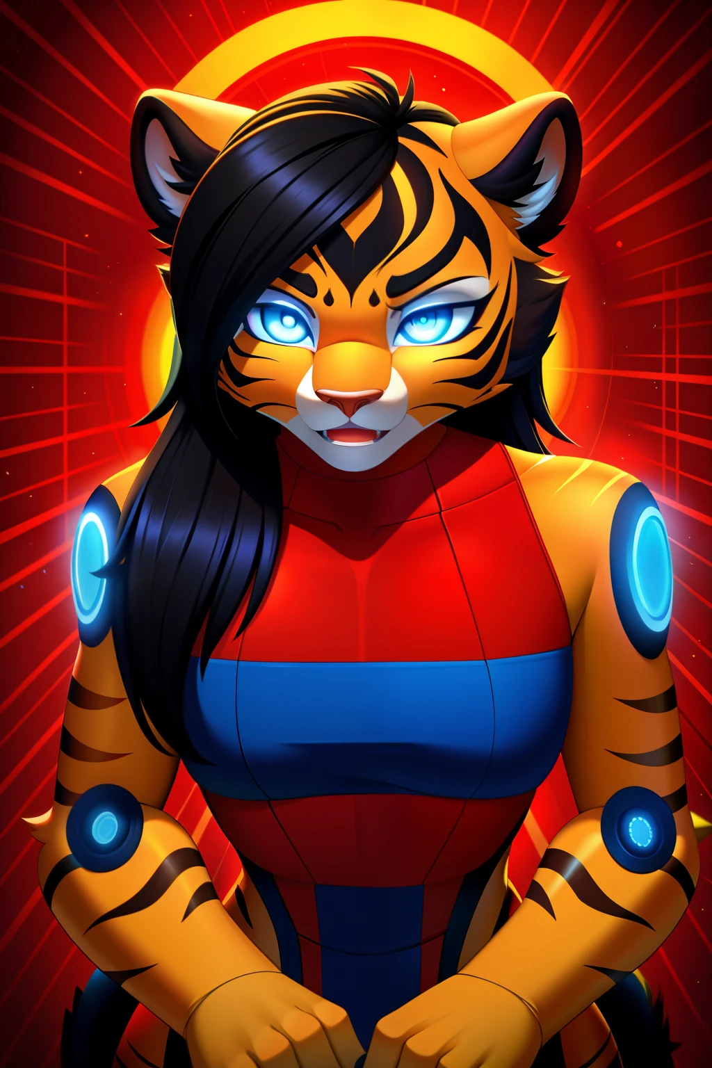 android housewife, tigress anthro, black hair, blue eyes, glowing eyes, red sportswear, mind-controlled, hypnotized, dazed, 3D Disney style