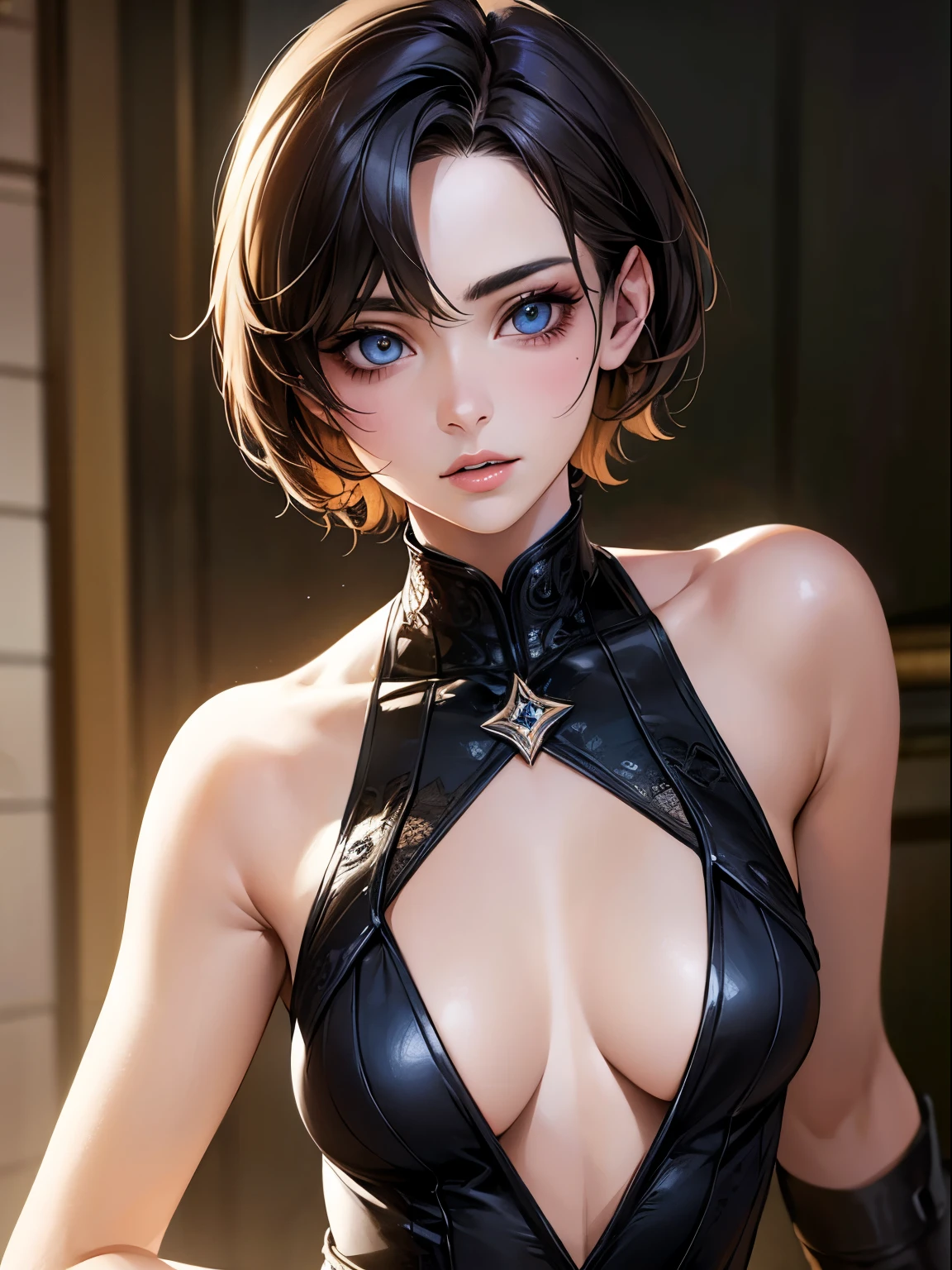 highest quality, Ultra-high resolution, (Realistic: 1.4), beautiful Eyes, Super beautiful, Very short hair, beautiful, beautiful Soldier, Eyes that beckon, Mistress's point of view, Attractive look, Sexy smile, Perfect Style, Perfect balance, Detailed skin, Mischievous Gaze