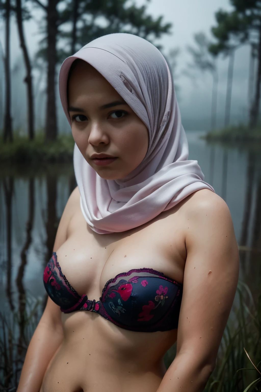 ((Chubby:1.3)), ((HIJAB)), WEARING STRAPLESS PATTERN FLORAL BRA, (Best Quality, hight resolution, Realistic:1.37), Detailed face and expression, The Frightened Woman, pixie cut, sickly, Worn-out appearance, Swamp environment, standingn, Seductively drowning in a swamp, Distressed flared satin, cloudy water, Sinking Feeling, gloomy atmosphere, Foggy surroundings, dark shadows, A Surreal Touch, soft-lighting, creepy ambiance, can't cope with shame
