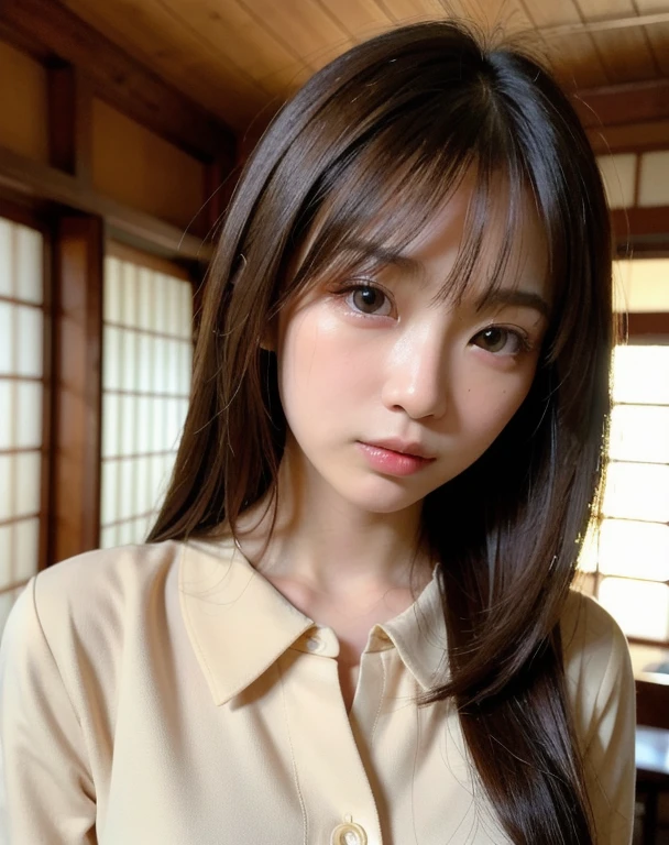 best quality, Face focus, Soft Light, Ultra-high resolution, (Reality:1.4), original photo,
1 Japanese girl, Solitary, Lovely, (pupil, There is light in the eyes), Detailed beautiful face, (Small chest),(High resolution details of human skin texture),
(Long hair),
indoor,
Brocade shirt dress,
(portrait)