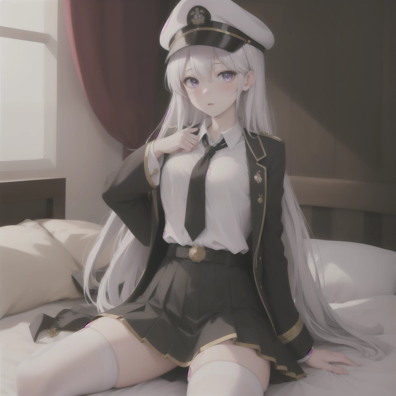 (masterpiece, highest quality:1.2),figure,8k,High resolution,One girl,alone,Cowboy Shot,length_hair,((はだけたClothes装,Sexy pose,chestの谷between,whiteいビキニ、On the bed、Spread your legs)),Have,tie,white Have,skirt,white_hair,Knee socks,Peaked_cap,purple_eye,chest,black_tie,Pleats_skirt,very_length_hair,big_chest,black_coat,miniskirt,Open_coat,just_shoulder,Open_Clothes,zettai_ryouiki,black_Knee socks,army_Have,belt,black_skirt,With collar_shirt,前hair,hair_between_eye,Underbust,blush,