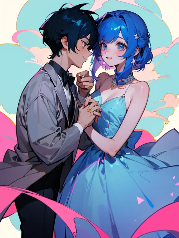 cartoon of two boys in cool positions standing close together, ddlc, in the art style of 8 0 s anime, 9 0 s anime style, 90s anime style, in anime style, in an anime style, anime aesthetic, anime vibes, 9 0 s anime aesthetic, 9 0 s anime art style, lofi boys, beautiful background outside, background at night with stars and a moon, fairy lights, beautiful background in a floral garden with fairy lights at night, two cute boys, beautiful faces, two boys, don't extra hands, NO extra hands, generate two boys with NO extra hands, NO extra arm, the two boys has a short hairstyle, one boy has blue hair, the other boy has black hair, pretty faces, two cute pretty boys in a smoking dress, with amazing smile, the two boys has a pretty smile, 