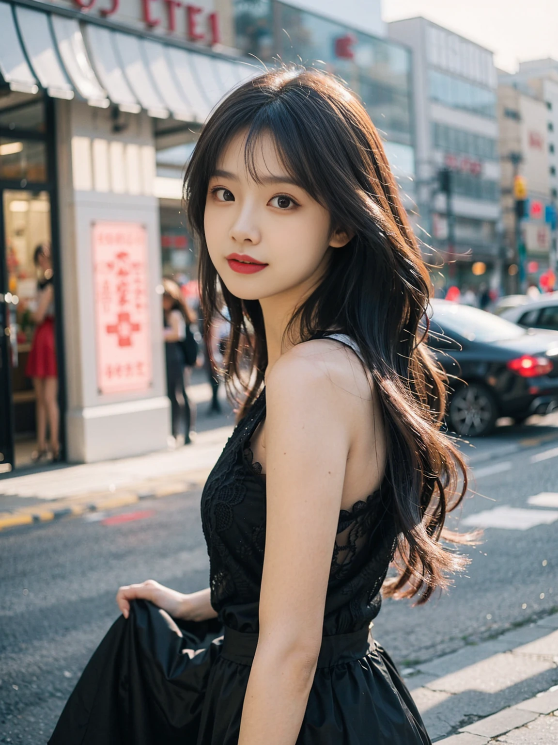 1 Girl,Main Street,Soft Light,Chinese Beauty,dress,Dark-haired,long hair,