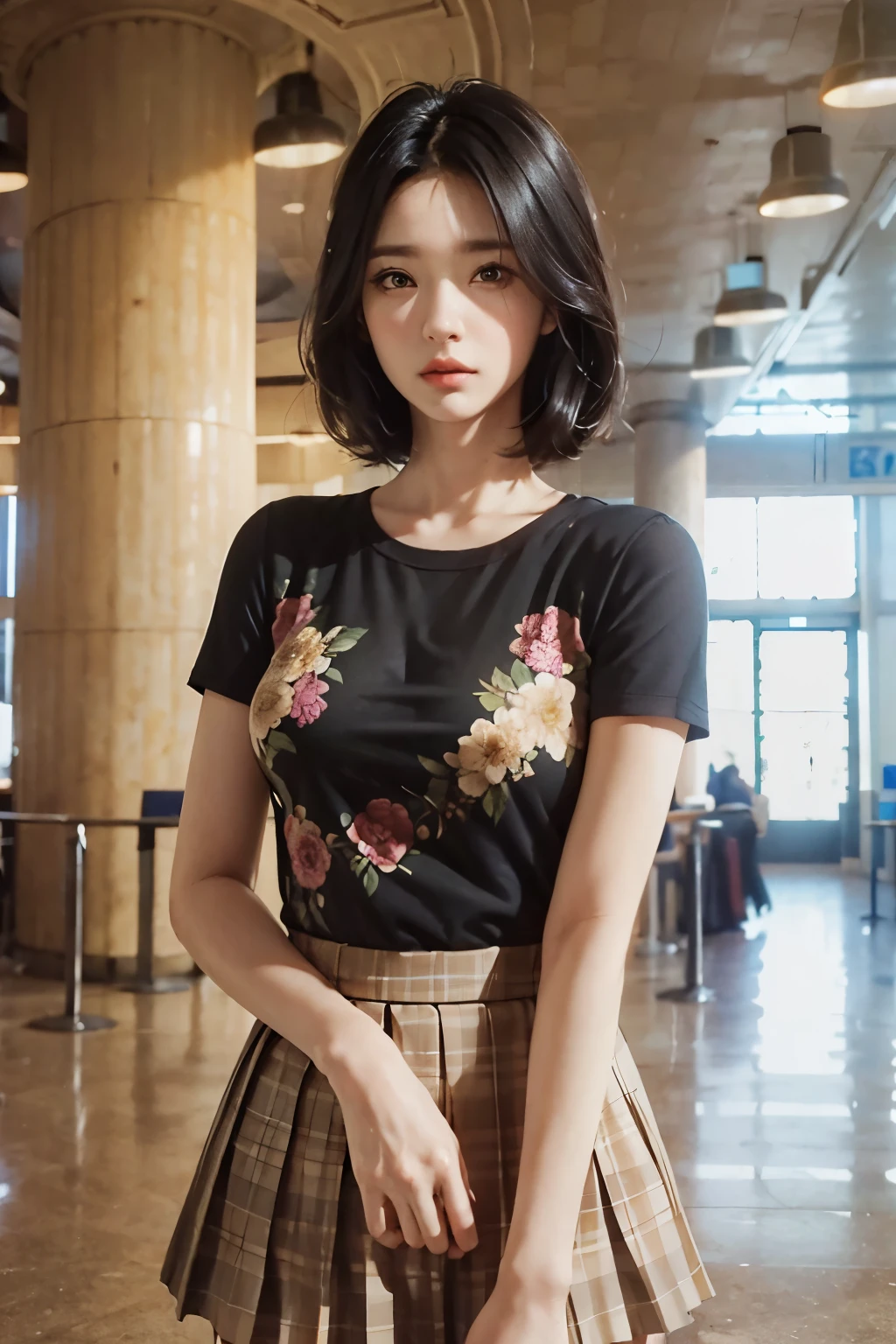 Slender black-haired short woman, 29 years old, floral pleated wrap t-shirt, brown pleated miniskirt, high resolution, masterpiece, ultra-detailed, 8k, realistic digital art, 32k, ultra-high definition, fantasy art work, award-winning A very detailed face, looking at the viewer, super detailed, detailed eyes, detailed beautiful face, airport lobby