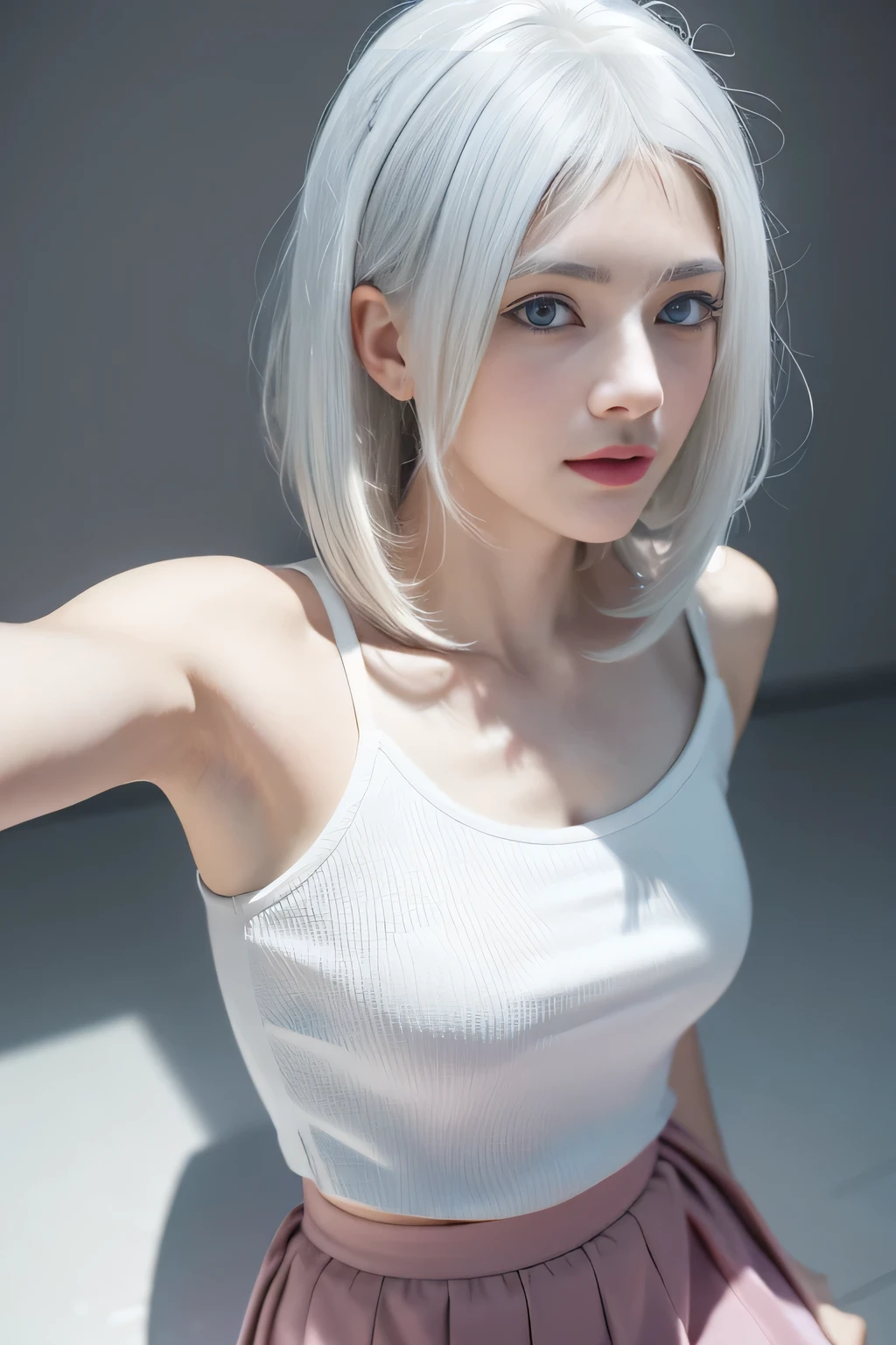 Hair shaking, victory, Long eyelashes, Solid round eye, A faint smile, ears red, direction, Surrealism, shadow, Relief, Stereogram, Standing picture, View, Atmospheric perspective, 8k, Super Detail, precise, best quality, The award-winning, best quality, high resolution, high quality, High Detail, Super Detail, Anatomically correct, Ultra HD, Retina, masterpiece, precise，(blue eyes:1.2)、The most beautiful smile、(White hair:1.5)、、short hair, (original photography、top quality)、(realism、Reality:1.3)、top quality、masterpiece、Extremely beautiful、Very detailed的、nffsw、Sense of solidarity、2k wallpapers、Gorgeous、Pretty Face，every detail、masterpiece、A faint smile、top quality、Highly detailed Unity 8k wallpaper、Huge file size、Ultra Detailed、high resolution、Very detailed、1 female、Slim、D cup、(Black pantyhose:0.7)、(Pink skirt:1.2)、Outlook、Be focused、Close-up of face、Pure face_V1:0.8 short hair、Instagram、Viewer&#39;View、Selfie