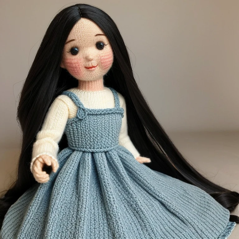 A knitted doll, with a long dress, big eyes, and beautiful long hair. The doll's dress sweeps the floor, making it look graceful and elegant. The long hair cascades down her back, adding to her charm and allure. Her big eyes are wide and expressive, full of life and personality. The knitted material of the doll's head accentuates the beauty of her long, flowing hair and the intricacy of her features. The overall appearance of the knitted doll is realistic and lifelike, making it a beloved and cherished possession.