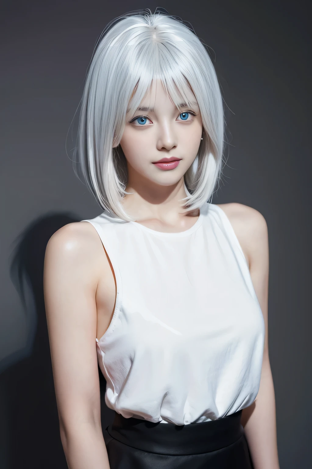 Hair shaking, victory, Long eyelashes, Solid round eye, A faint smile, ears red, direction, Surrealism, shadow, Relief, Stereogram, Standing picture, View, Atmospheric perspective, 8k, Super Detail, precise, best quality, The award-winning, best quality, high resolution, high quality, High Detail, Super Detail, Anatomically correct, Ultra HD, Retina, masterpiece, precise,(blue eyes:1.2)、The most beautiful smile、(White hair:1.5)、、short hair, (original photography、top quality)、(realism、Reality:1.3)、top quality、masterpiece、Extremely beautiful、Very detailed的、nffsw、Sense of solidarity、2k wallpapers、Gorgeous、Pretty Face,every detail、masterpiece、A faint smile、top quality、Highly detailed Unity 8k wallpaper、Huge file size、Ultra Detailed、high resolution、Very detailed、1 female、Slim、D cup、(Black pantyhose:0.7)、(Pink skirt:1.2)、Outlook、Be focused、Close-up of face、Pure face_V1:0.8 short hair、Instagram、Viewer'View、Selfie