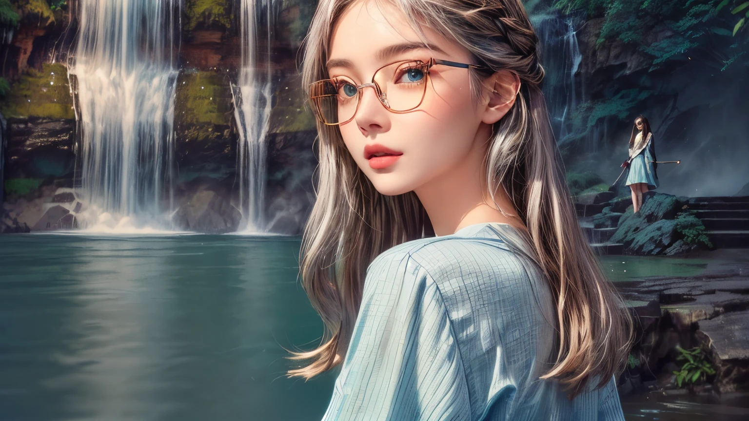 There is a woman standing in front of a waterfall wearing glasses., Next to the waterfall, girl wearing glasses, High-quality portraits, Waterfall in the background, With waterfall, standing near a waterfall, Waterfall in the background, Girl wearing round glasses, Anna Nikonova、Also known as New Milky, With waterfall, Waterfall Background, Beautiful Model, Wearing square glasses, She is wearing glasses and a light casual style turquoise dress.、Standing in front of a small waterfall、Back view of a young Russian woman looking at a waterfall。Modern Japanese natural makeup。She has a long face, very thin honey brown eyebrows that are closely spaced, intelligent and curious magnanimous cute gradational grayish-blue eyes, and close-set eyes. She is wearing her signature thin silver-framed glasses with slightly oval, round lenses