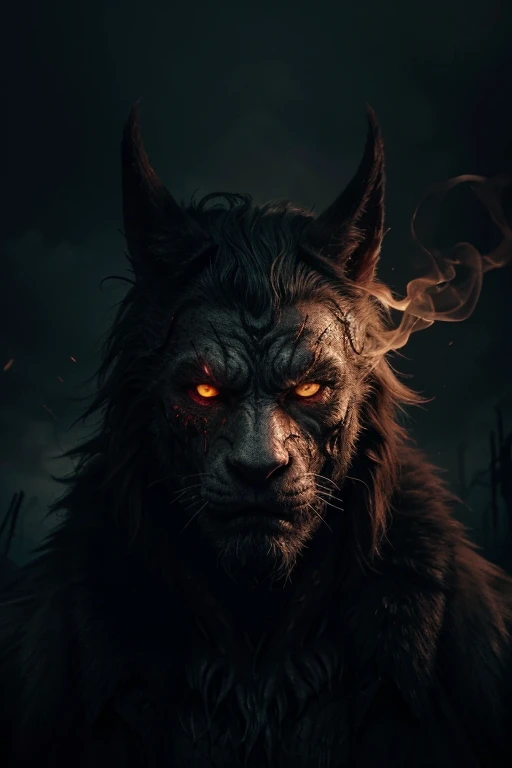 A highly detailed and hyper-realistic depiction of a ghoulish man beast with an intricately scarred face. The character is surrounded by mist, evoking a mysterious and eerie atmosphere. The lighting is dark and atmospheric, with a red smoke adding a touch of sinister ambiance. The image is of the best quality, with a resolution of 4k and HDR enhancement, showcasing the utmost level of detail and realism.