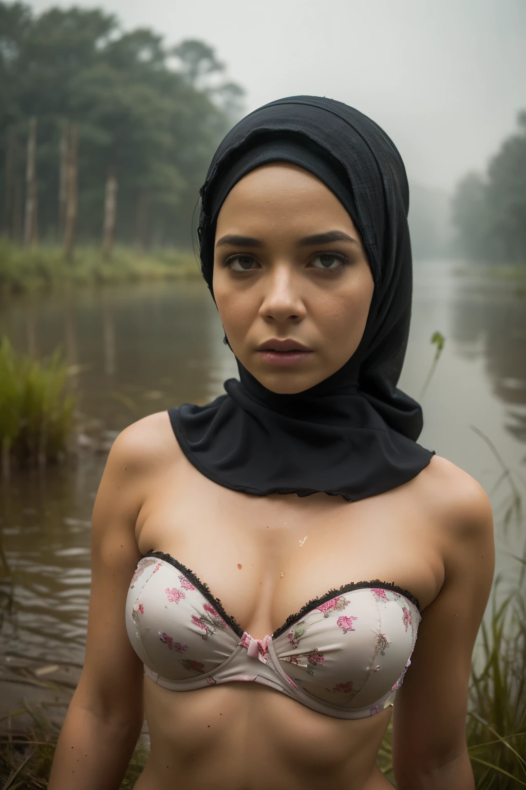 ((Chubby:1.3)), ((HIJAB)), WEARING STRAPLESS PATTERN FLORAL BRA, (Best Quality, hight resolution, Realistic:1.37), Detailed face and expression, The Frightened Woman, pixie cut, sickly, Worn-out appearance, Swamp environment, standingn, Seductively drowning in a swamp, Distressed flared satin, cloudy water, Sinking Feeling, gloomy atmosphere, Foggy surroundings, dark shadows, A Surreal Touch, soft-lighting, creepy ambiance, can't cope with shame
