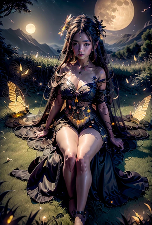 a goddess in a magical fantasy dress and captivating pose, sit on a grass under a full moon and a magical night sky, surrounded by glowing butterflies and fireflies, depth of field, real skin texture, best picture, 