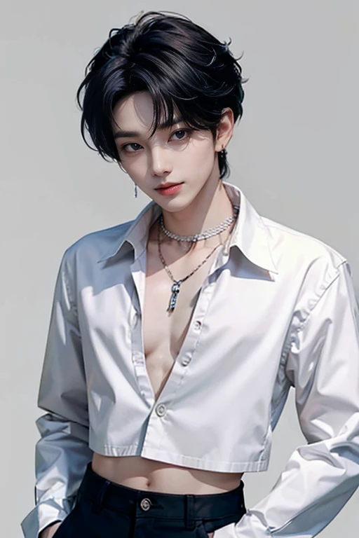 ((1man))),((Ulzzang)),((messy hair)),elegant,((man)),(white background),shirt collar,tattoo,((Korea)),model,Posing,((short hair)),Sensual eyes,((crop top))man, elegant, chico malo Korea, Very fine,Hyper details,Cinema-grade lighting, alone,stop,White Studio,black and white filter,close up,forehead,looking at viewer from forehead,manhwa-style,Unbuttoned shirt,tattooหน้าอก,black fur,smooth messy,emo haircut,model,stance,drilling,earring,shirt collar de cruz,smile.