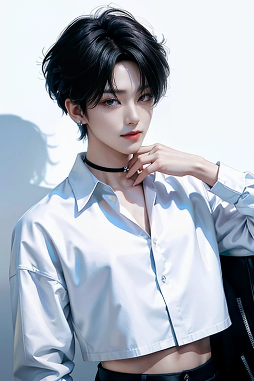 ((1man))),((Ulzzang)),((messy hair)),elegant,((man)),(white background),shirt collar,tattoo,((Korea)),model,Posing,((short hair)),Sensual eyes,((crop top))man, elegant, chico malo Korea, Very fine,Hyper details,Cinema-grade lighting, alone,stop,White Studio,black and white filter,close up,forehead,looking at viewer from forehead,manhwa-style,Unbuttoned shirt,tattooหน้าอก,black fur,smooth messy,emo haircut,model,stance,drilling,earring,shirt collar de cruz,smile.