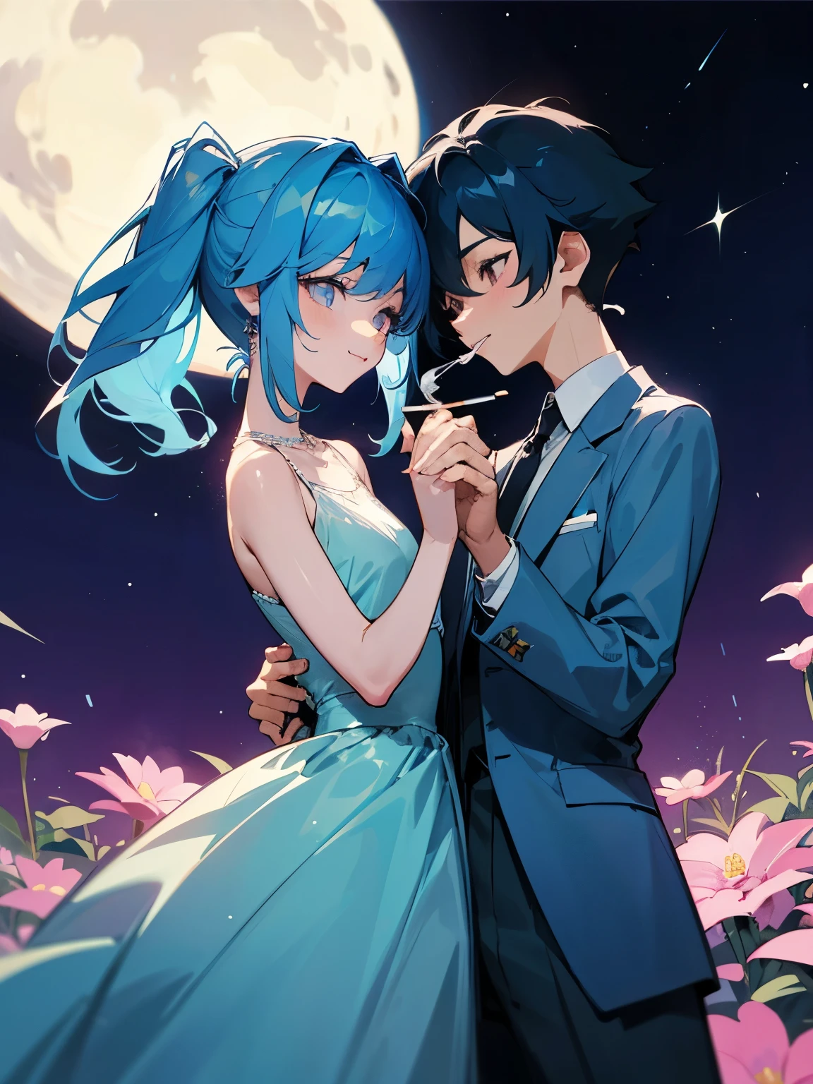 cartoon of two boys in cool positions standing close together, ddlc, in the art style of 8 0 s anime, 9 0 s anime style, 90s anime style, in anime style, in an anime style, anime aesthetic, anime vibes, 9 0 s anime aesthetic, 9 0 s anime art style, lofi boys, beautiful background outside, background at night with stars and a moon, fairy lights, beautiful background in a floral garden with fairy lights at night, two cute boys, beautiful faces, two boys, don't extra hands, NO extra hands, generate two boys with NO extra hands, NO extra arm, the two boys has a short hairstyle, one boy has blue hair, the other boy has black hair, pretty faces, two cute pretty boys in a smoking dress, with amazing smile, the two boys has a pretty smile, 