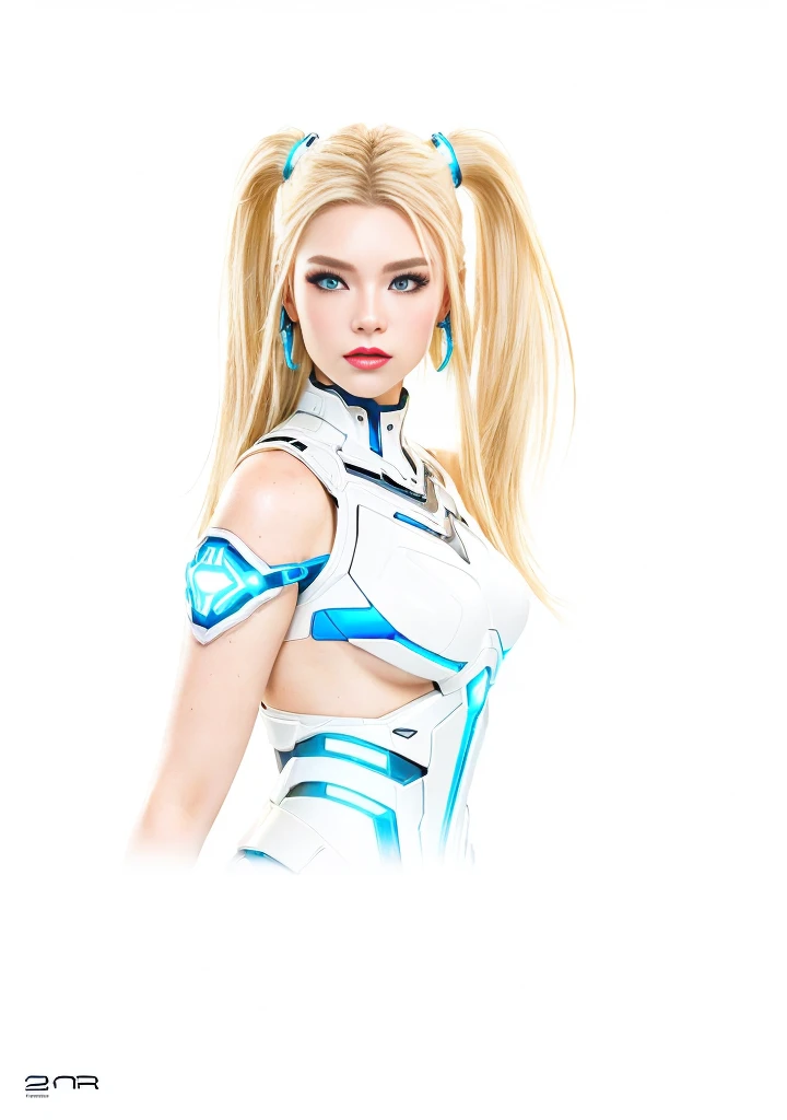 (Photorealistic:1.4) ultra realistic image of a cyber punk girl, (top-quality, 8K, 32K, masterpiece), (dynamic pose), ((facing camera)), (looking at camera), cowboy shot, ((long dark blonde straight hairs)), very large breasts with white cyberpunk armour, lipstick, ear rings and jewels,brown eyes, depth of field f/1.8, blue neon effects in cyberpunk armour, cinematic lighting