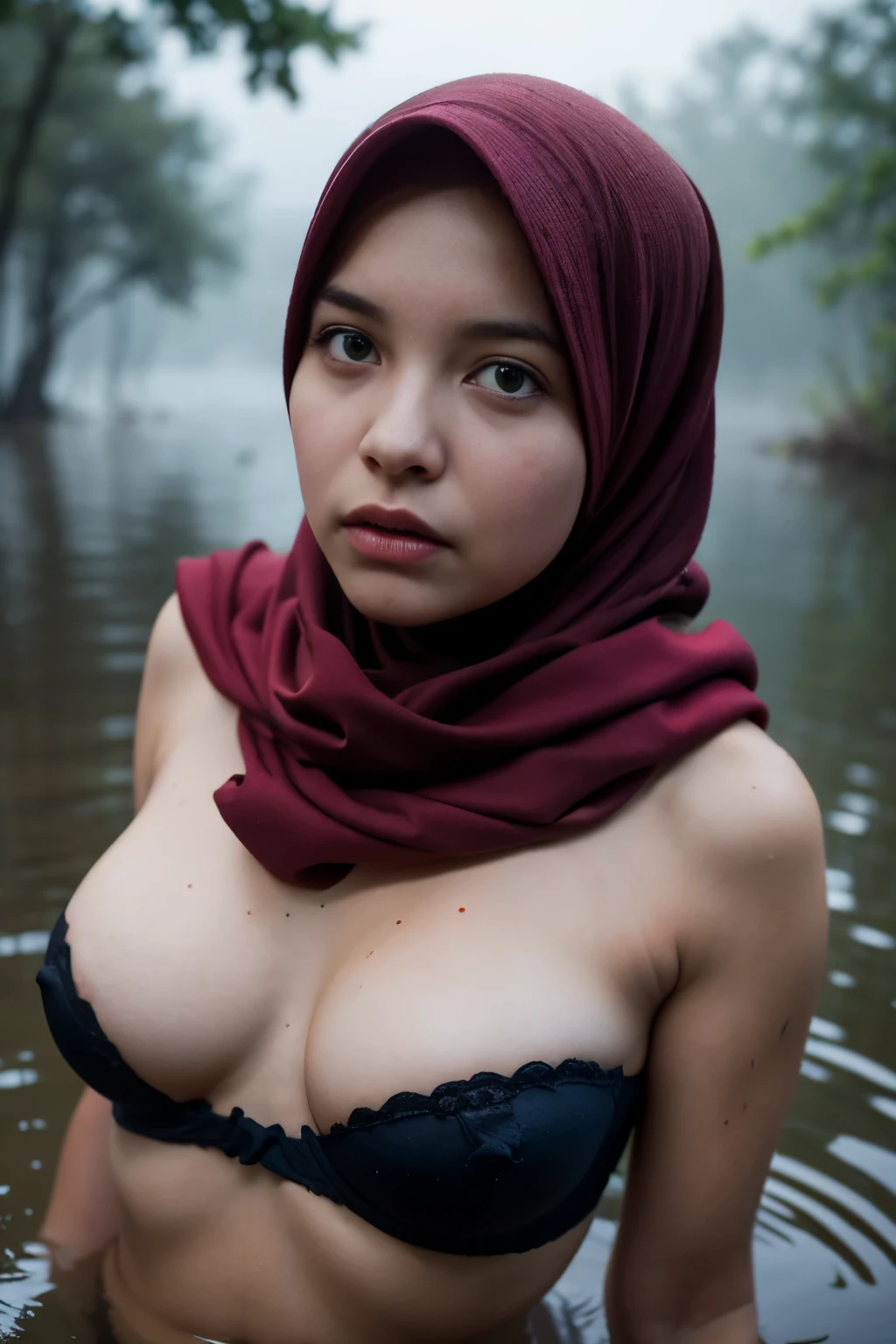 ((Chubby:1.3)), ((HIJAB)), WEARING STRAPLESS PATTERN FLORAL BRA, (Best Quality, hight resolution, Realistic:1.37), Detailed face and expression, The Frightened Woman, pixie cut, sickly, Worn-out appearance, Swamp environment, standingn, Seductively drowning in a swamp, Distressed flared satin, cloudy water, Sinking Feeling, gloomy atmosphere, Foggy surroundings, dark shadows, A Surreal Touch, soft-lighting, creepy ambiance, can't cope with shame