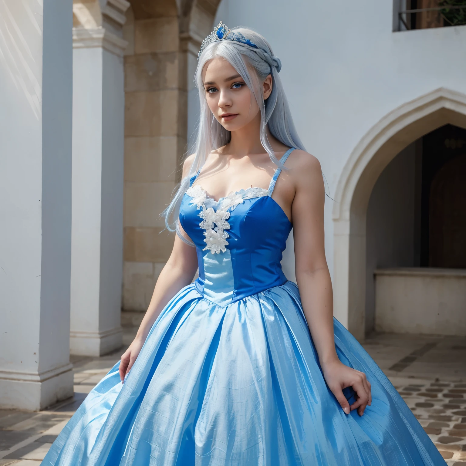 Princess wearing a blue gown with blue eyes and white hair girl