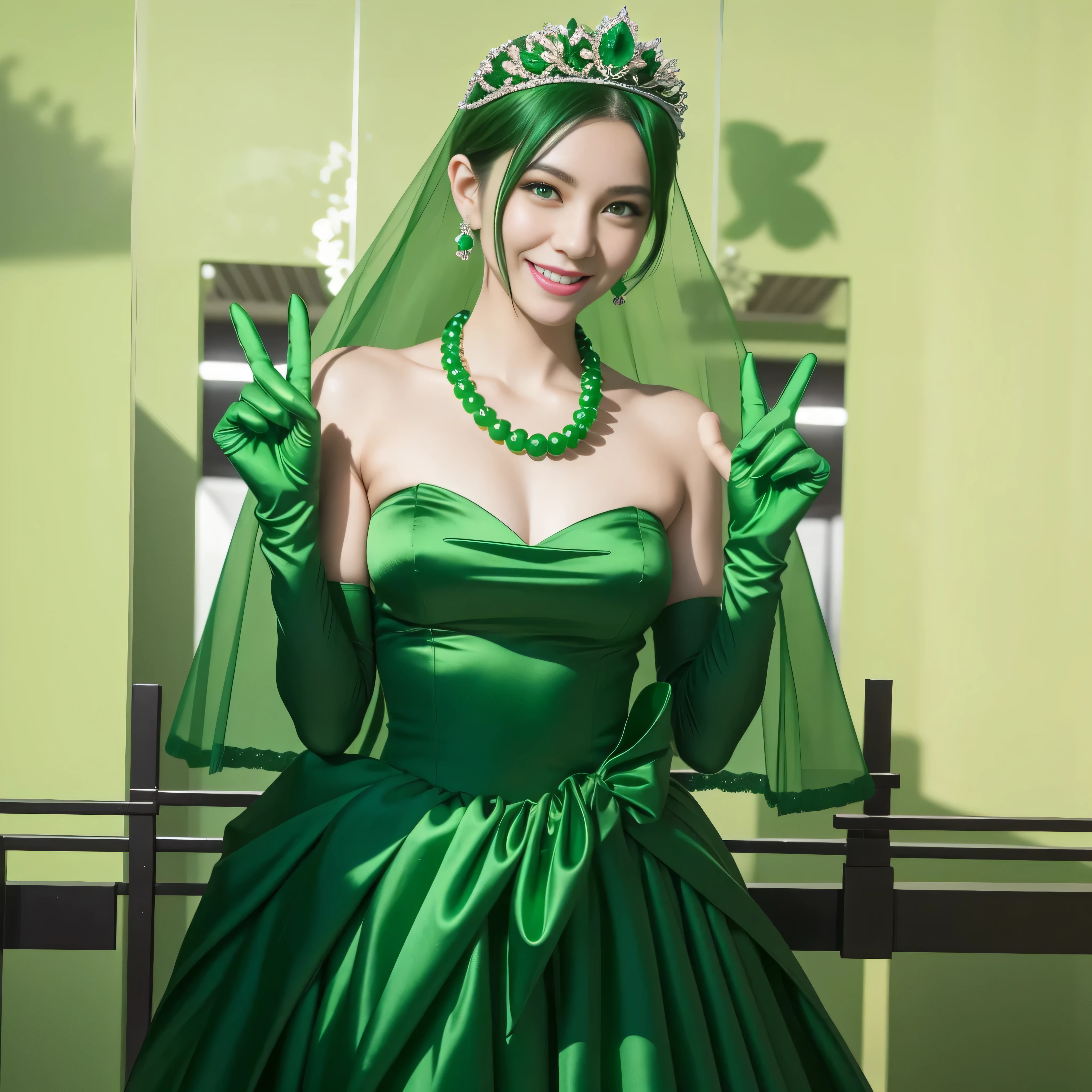 Emerald tiara, Green Pearl Necklace, Boyish very short green hair, lipstick, Smiling Japanese woman, Very short hair, Big and beautiful, Green Eyes, Long green satin gloves, Green Eyes, v sign, Emerald Earrings, Green veil