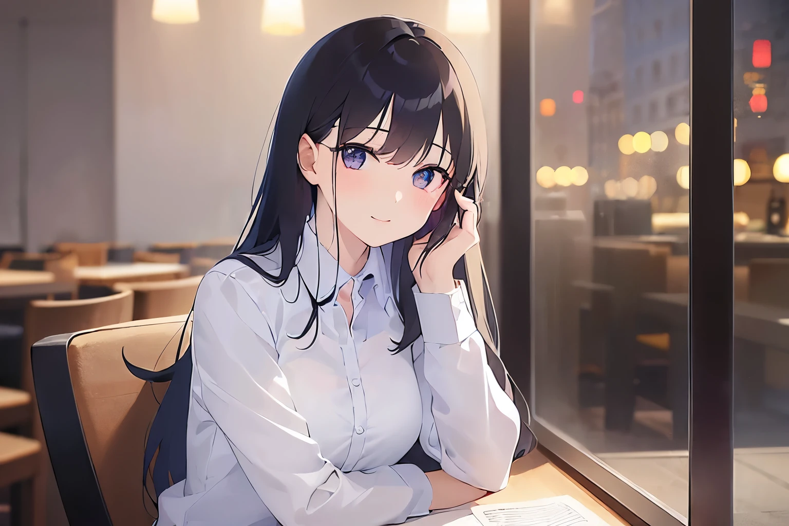 (white plain collared shirt:1.5) and (long sleeve)