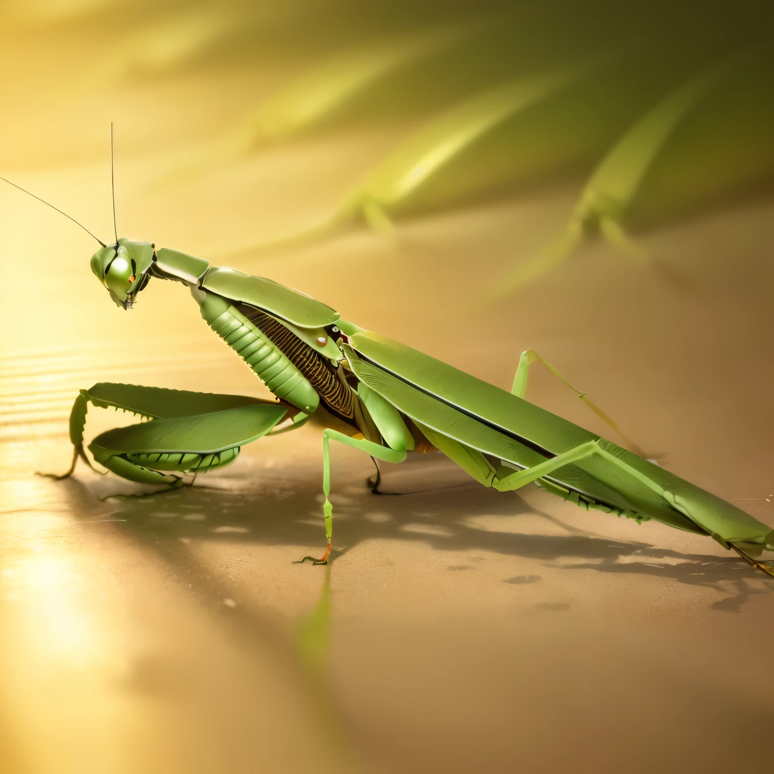 a close up of a praying mantisce on a concrete surface, praying mantis, alien in the form of mantis, anthropomorphic praying mantis, mantis妖特征, predatory praying mantis, mantis, mantis eyes, strange giant insects, Beautiful and graceful, Have long tentacles, Have slender tentacles, insect, highly realistic photograph, Green Legs,Three dynamics,Three postures,Animal photos,illustration,teaching,