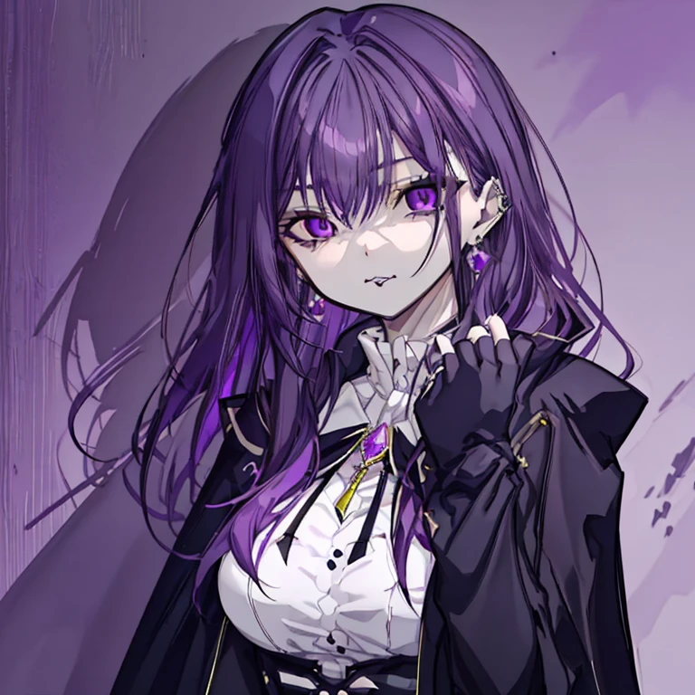Purple Hair,Long Hair,Purple Eyes,Sharp Eyes,Vampire,Cape,Earrings,cool,gorgeous,Mature,1 girl,Black clothes,Ample breasts