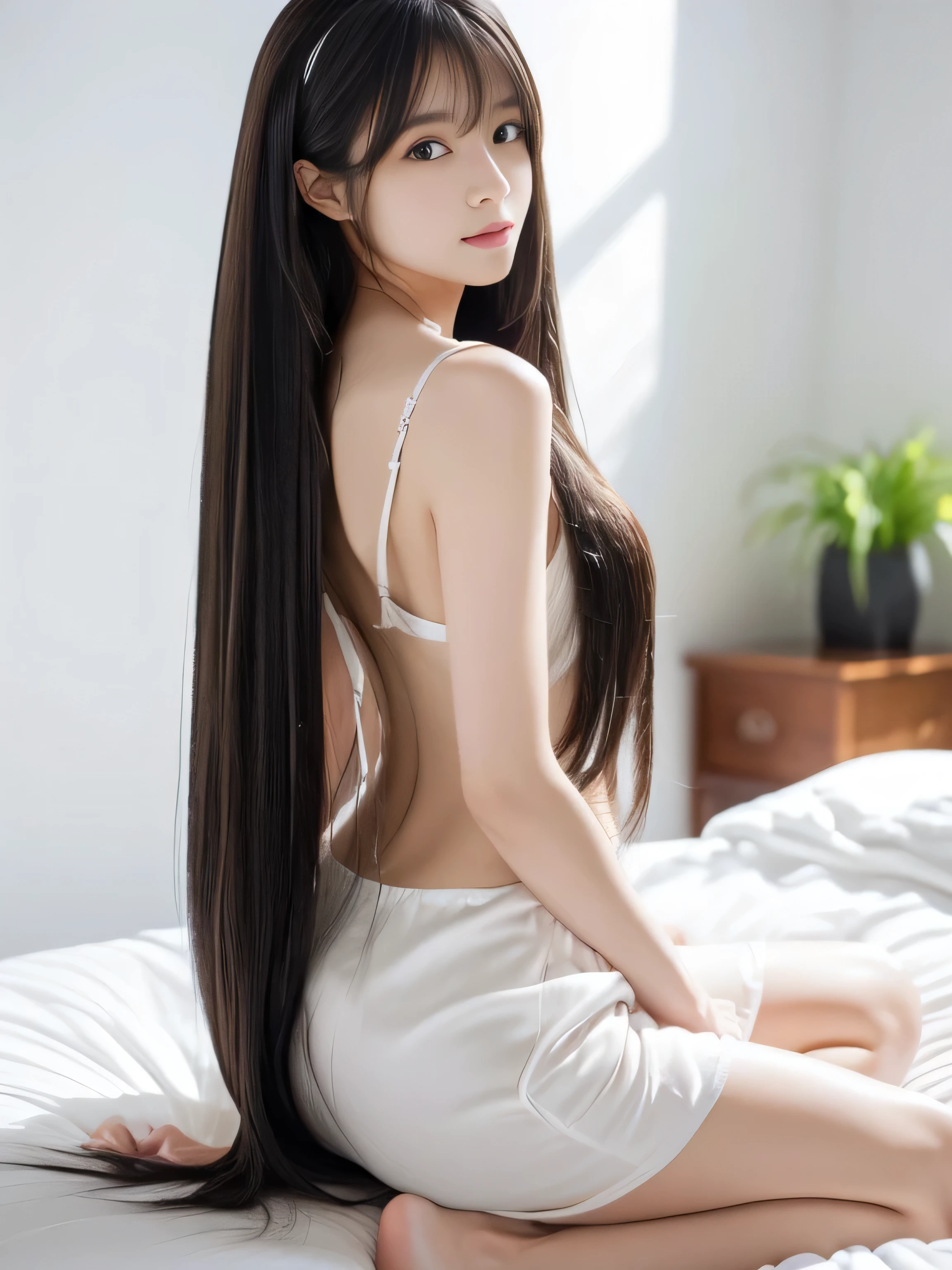 (1 Woman upper body shot)　((Sitting on bed, facing the viewer, Show as much of your back and hair as possible:1.8))　(Reaches up to the kneeVery long hair　highest quality　Highest detail　Reaches up to the knee、Very long hair that lasts forever:1.3　Flowing Hair　私ncredibly straight hair　Very shiny そして thick hair　Flowing Hair on both ends　My hair is blowing in the strong wind　long hair up to the knees:1.2　long hair up to the knees:1.2　Thick and shiny hair　Very free hair　Abnormally long hair!!!!!　Beautiful silky hair　　Beautiful and shiny hair　Beautiful and shiny hair　Beautiful silky hair　Hair that grows to the knees　Very very, Very long hair!!!!!　Very very, Very long hair!!!!!)　(highest quality　The best ultra-fine　Reaches up to the knee　Get used to it　Very long hair that lasts forever　Flowing Hair　Her hair is gently permed　Very shiny そして thick hair　Flowing Hair on both ends　long hair up to the knees:1.2　long hair up to the knees:1.2　Thick and shiny hair　Very free hair　Abnormally long hair!!!!!　Beautiful silky hair　Super long hair down to the knees　Beautiful and shiny hair　Beautiful and shiny hair　Beautiful silky hair　Hair that grows to the knees　Very very, Very long hair!!!!!　Very very, Very long hair!!!!!)　　(Her bangs are perfect.:1.3)　(Pure white wall background:1.8 Pure White Sofa)　(Japan&#39;s most sexy and beautiful 24-year-old beauty model)　(She looks at the viewer with a very seductive expression...)　((highest quality)), ((masterpiece)), (Familiar)　(Get used to it)　Perfect Face　(Her skin is a typical Japanese skin color..　And very detailed)　　(Big Breasts:1.3)　(She is wearing a shiny white camisole.)　(She has a beautiful face and a typical Japanese figure...., Narrow eyes)　(She has perfect 美しい and sexy makeup and face　Lipstick is light red　A solid eyeliner)　((Rich 1.4))　(Extremely detailed 8K)　(Ultra-fine skin texture 1.4)　(Actual, Vibrant:1.4), double eyelid　Sharp focus:1.2、Beautiful woman:1.4　Dynamic Lighting　(Genuine RAW photos taken by professional photographers)　Professional Hair Shine.　(She has a bright and cheerful face)　(Her face is slim and dignified.., length, Narrow eyes..々Nice face)　(Her hair color is light brown)　(Very sexy look)　(Pink bed and a pink couch, brightly lit pink room, Romantic Theme, heaven pink, ピンク and red color scheme, Candyland style house, Red Room, Pink and red colors, Pink color scheme, ピンク and red color style, Bedroom, (Pink colors), Pink zen style　Cute room)