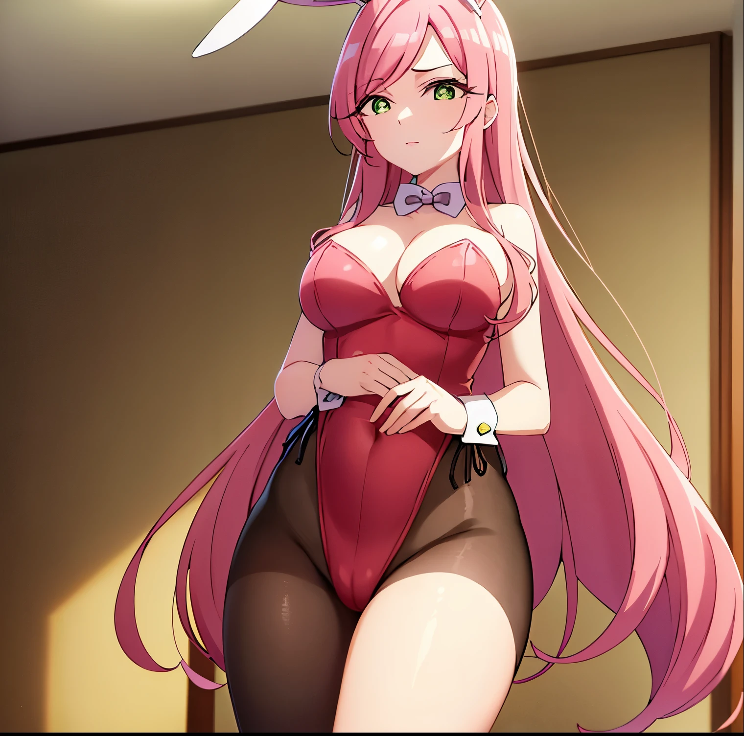 1 girl, alone, hahari hanazono, long hair, bangs, (green eyes: 1.2), pink hair, flower, hair flower, green eyes, smile, indoors, casino, (red Playboy bunny outfit: 1.5), red headband ,little Playboy bunny ears,,black pantyhose, from behind,looking at viewer,pov:(from below) (masterpiece: 1.2), best quality, high resolution, Unity 8k wallpaper, (artwork: 0.8), green eyes (beautiful eyes detailed: 1.6), extremely detailed face, perfect lighting, extremely detailed CG (perfect hands, perfect anatomy), large breasts, medium waist. , wide hips, medium thighs, round butt