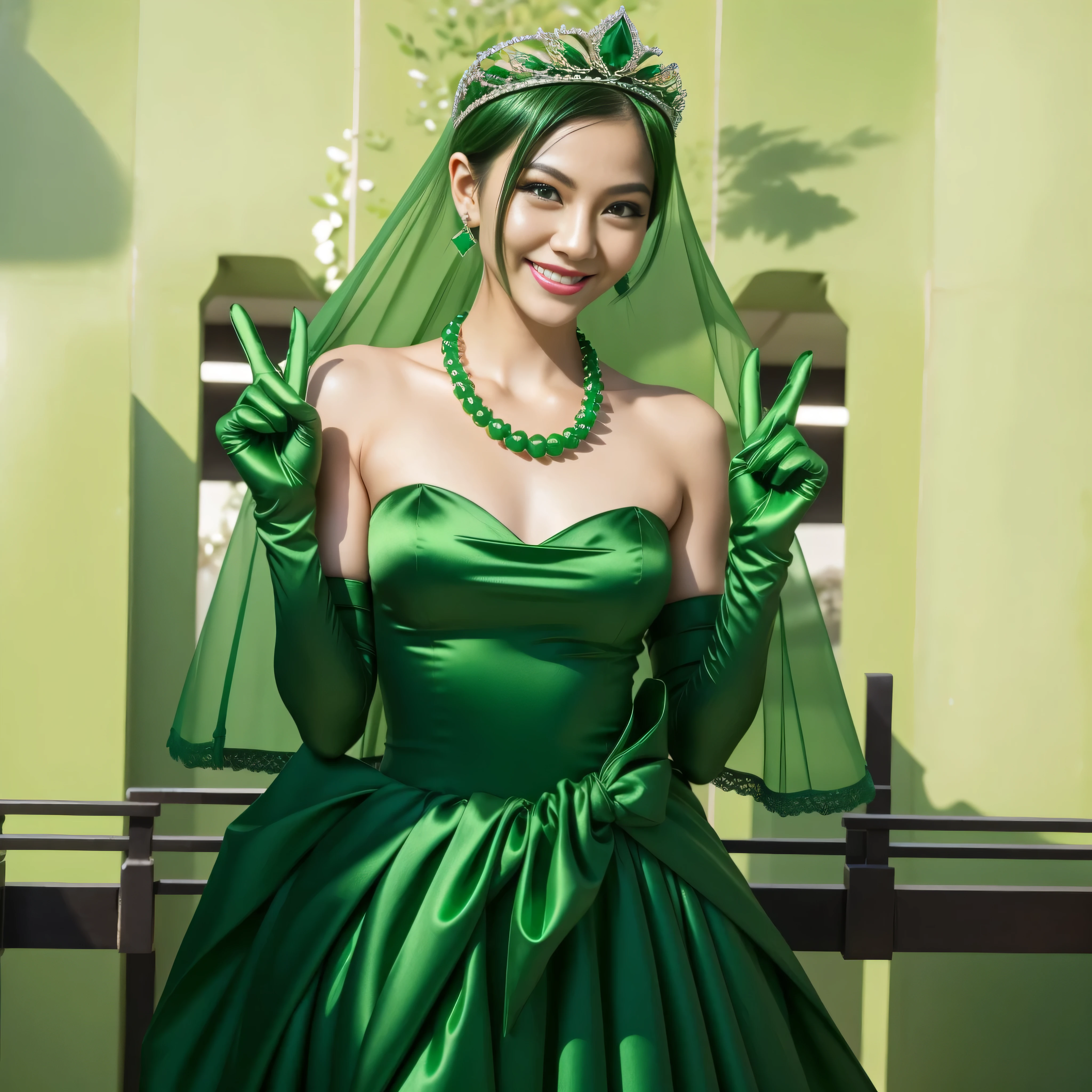 Emerald tiara, Green Pearl Necklace, Boyish very short green hair, lipstick, Smiling Japanese woman, Very short hair, Big and beautiful, Green Eyes, Long green satin gloves, Green Eyes, v sign, Emerald Earrings, Green veil
