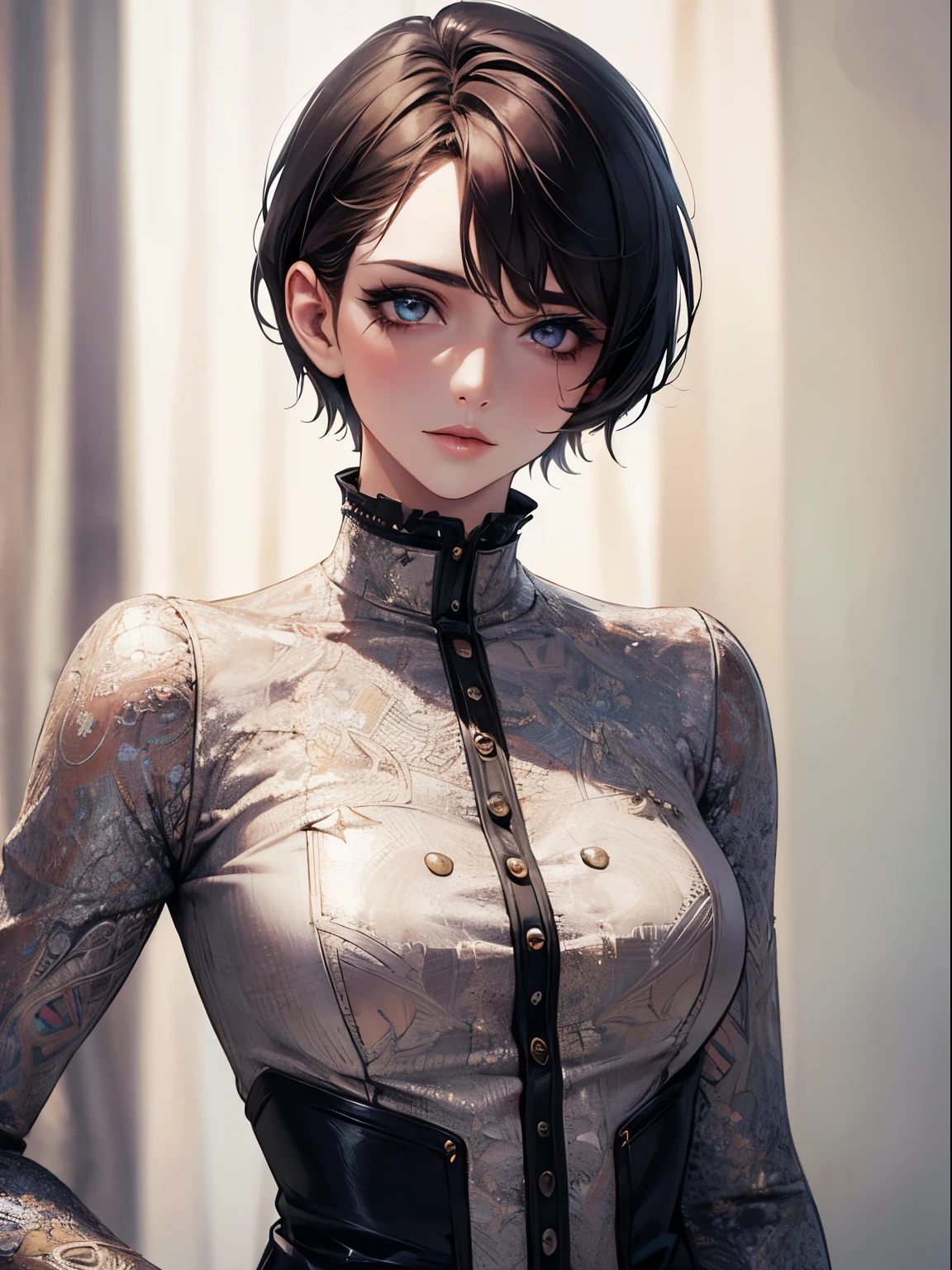 highest quality, Ultra-high resolution, (Realistic: 1.4), beautiful Eyes, Super beautiful, Very short hair, beautiful, beautiful Soldier, Eyes that beckon, Mistress's point of view, Attractive look, Sexy smile, Perfect Style, Perfect balance, Detailed skin, Mischievous Gaze