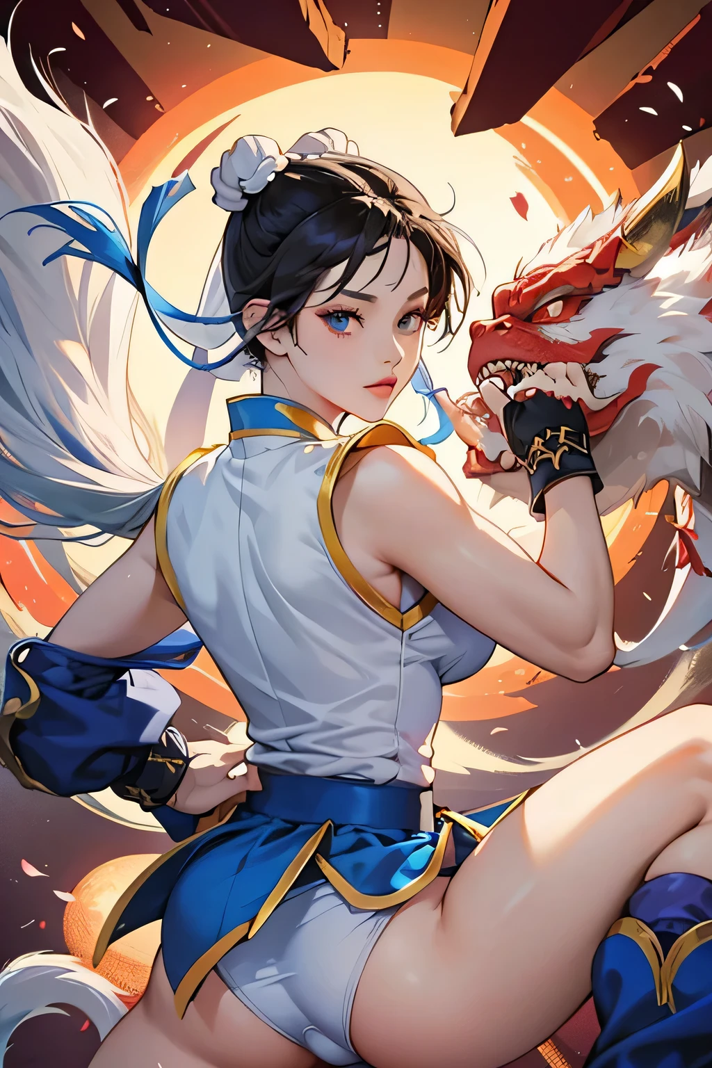 chun-li from street fighters series , white panty , fight in the streets , chinese dragon background , perfect eyes ,