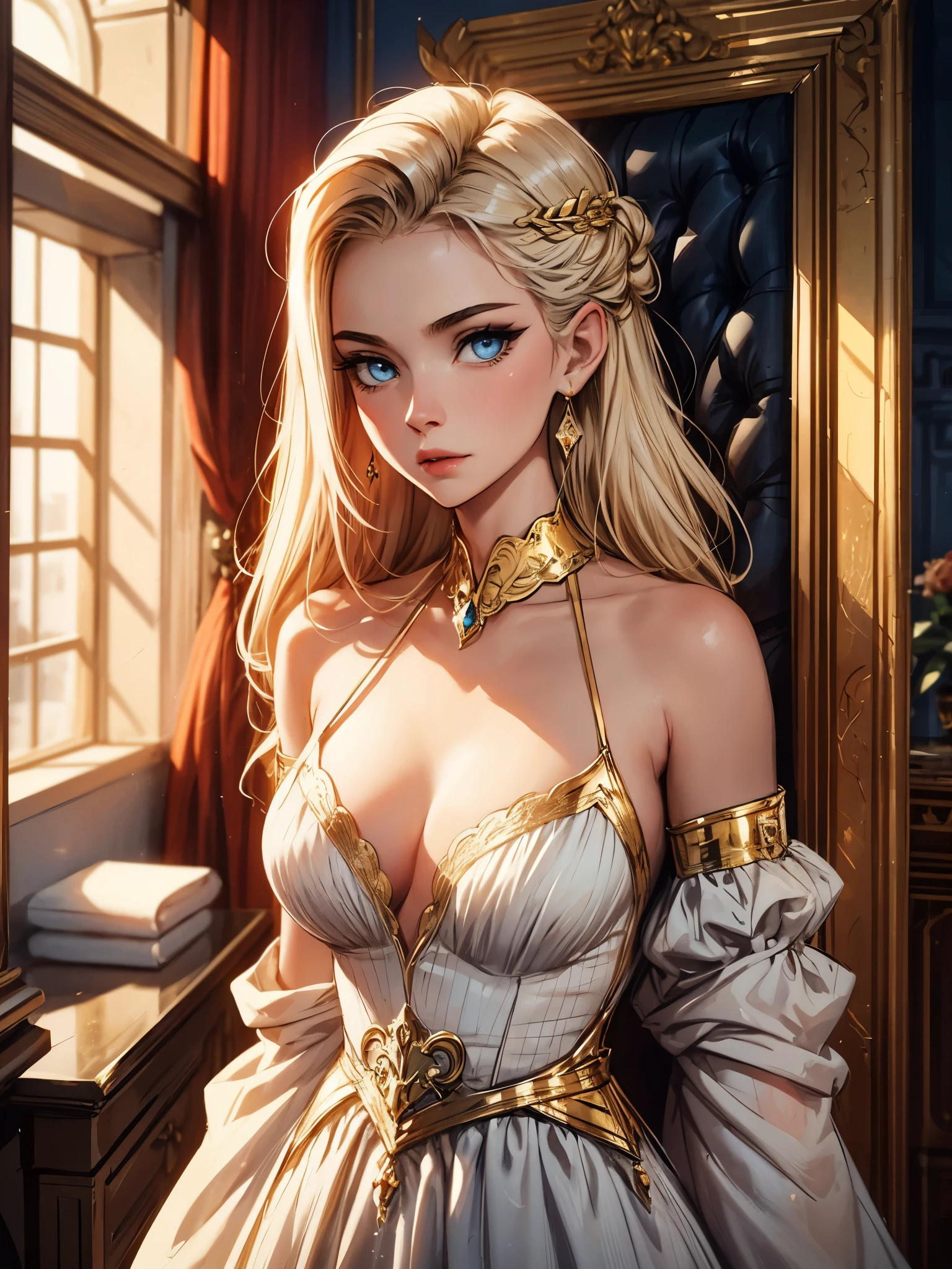 Fantasy, 19th century, empress, woman, delicate face, with pale blonde hair, coiffed hair, blue eyes, in a white royal dress with plunging neckline, with open shoulders, gold patterns on fabric, hd