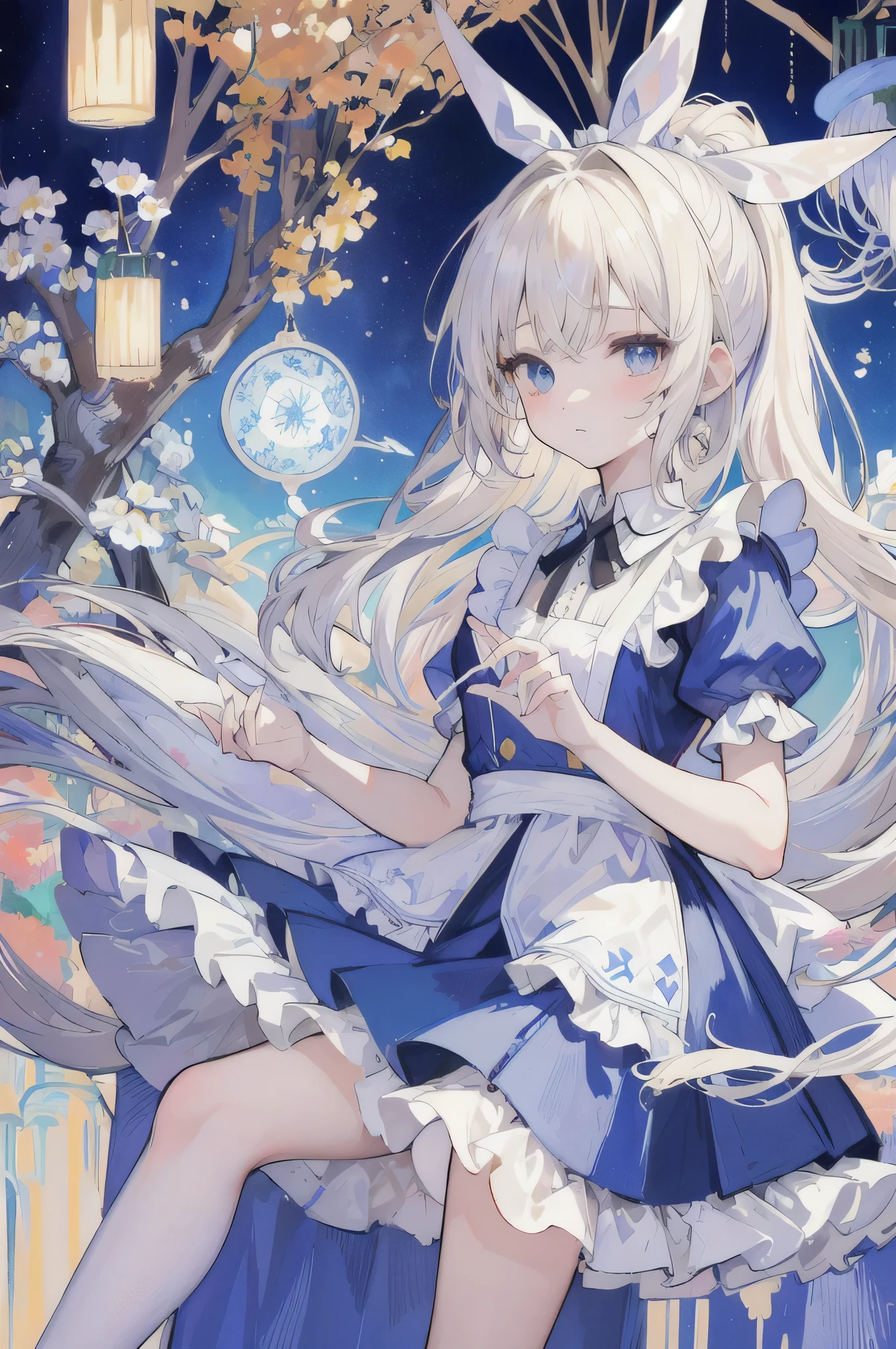 (Masseter film、Top quality、mystery、Beautiful and generous、official art、Impressionism、van gogh:1.2)、(1 girl:1.3)、(Fractal Art:1.4)、Smooth skin、model、(Alice in Wonderland:1.2)、(Bunny、Siamese cat、Poker、cup、Pocket Watch:0.8)、(Tie your hair with a ribbon、blue dress、mini skirt、、White apron、White socks、Platinum Blonde、blue eyes)、Different wallpaper、colorful、Abstract Background、fantastic