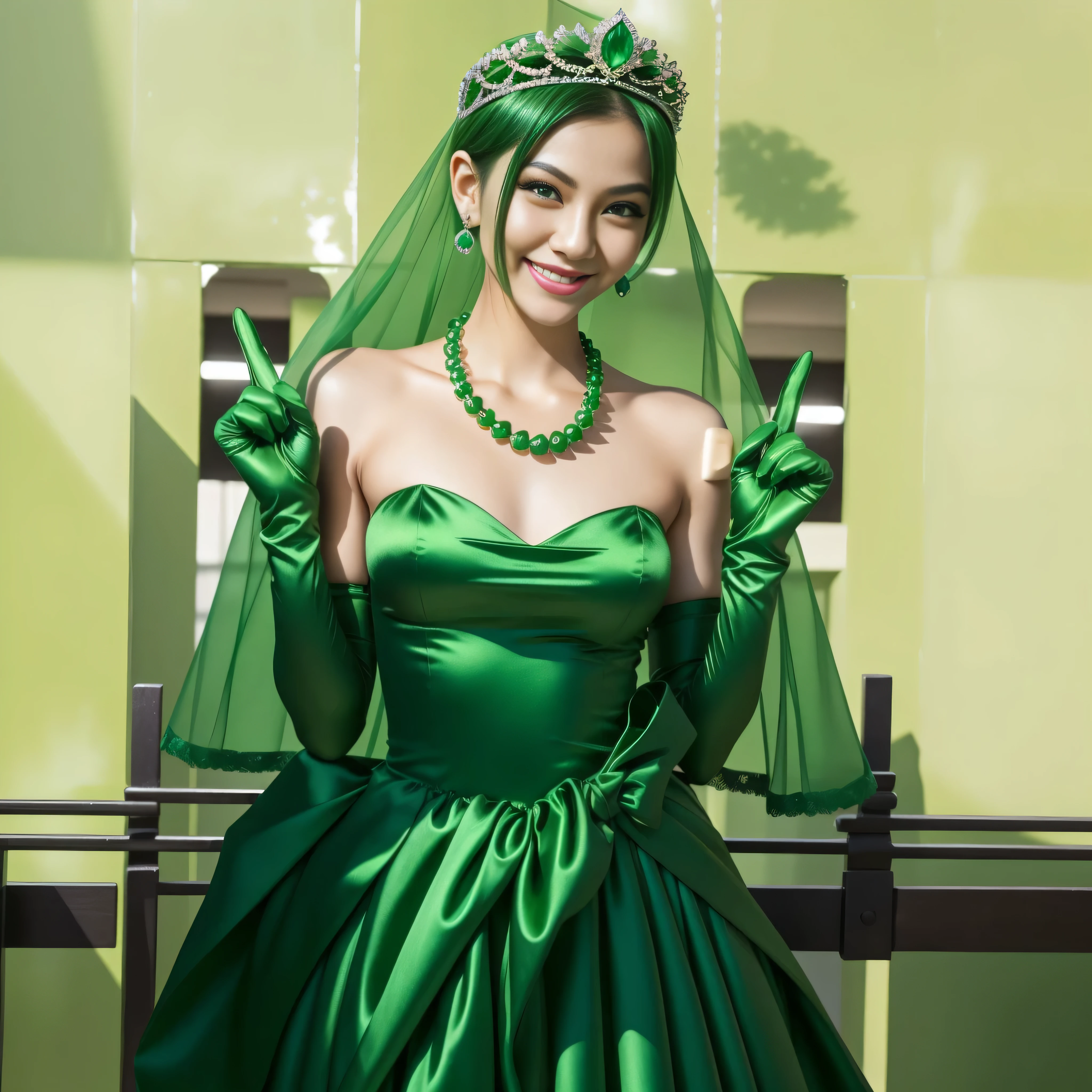 Emerald tiara, Green Pearl Necklace, Boyish very short green hair, lipstick, Smiling Japanese woman, Very short hair, Big and beautiful, Green Eyes, Long green satin gloves, Green Eyes, v sign, Emerald Earrings, Green veil