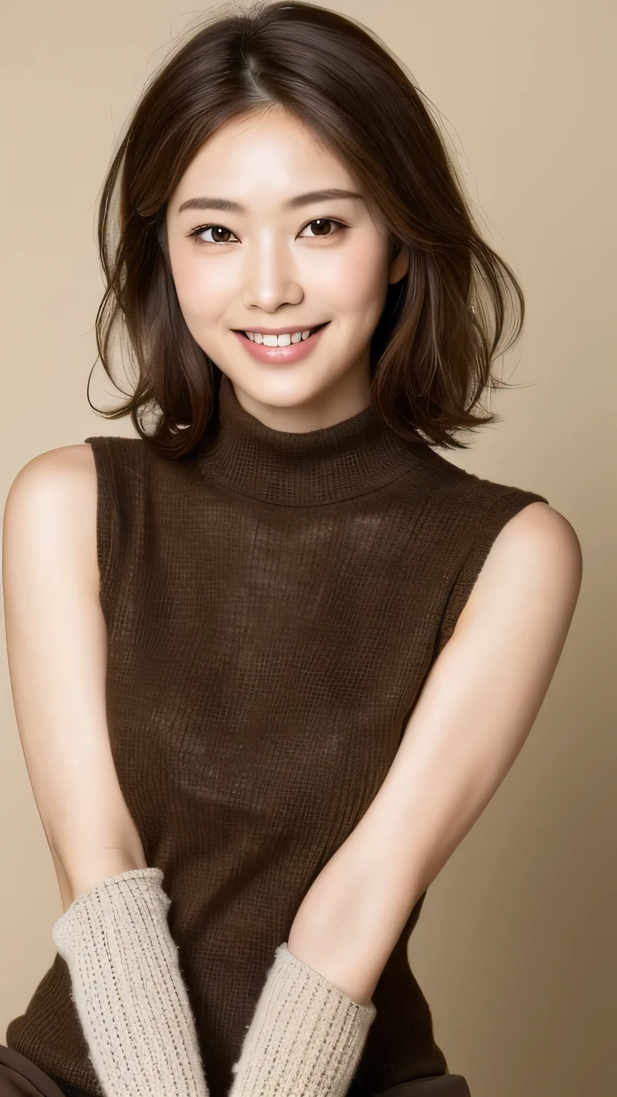 ((highest quality, 8k, masterpiece: 1.3)), Sharp focus: 1.2, Beautiful Japanese Idols: 1.4, Plump: 1.2, ((Light Brown Hair, big: 1.2)), (bedroom: 1.1), Highly detailed face and skin texture, Fine grain, smile, Form-fitting knitwear, Beautiful bust, Sleeveless turtleneck with a hole in the chest,whole body,(((Leg spread))),Dimples,