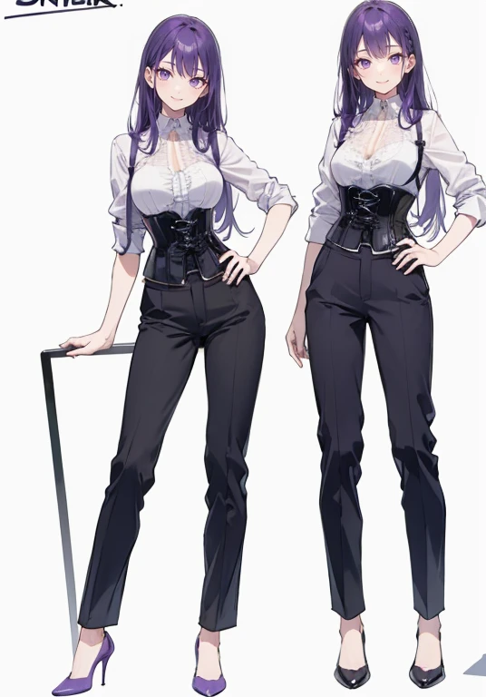 Purple hair,Long hair,Adult female,Bartender,((Rolling up your sleeves shirt)),(Corset),(slacks),High heels,((Simple background)),Smile,((Full body)),((whole body)),Character Sheet,