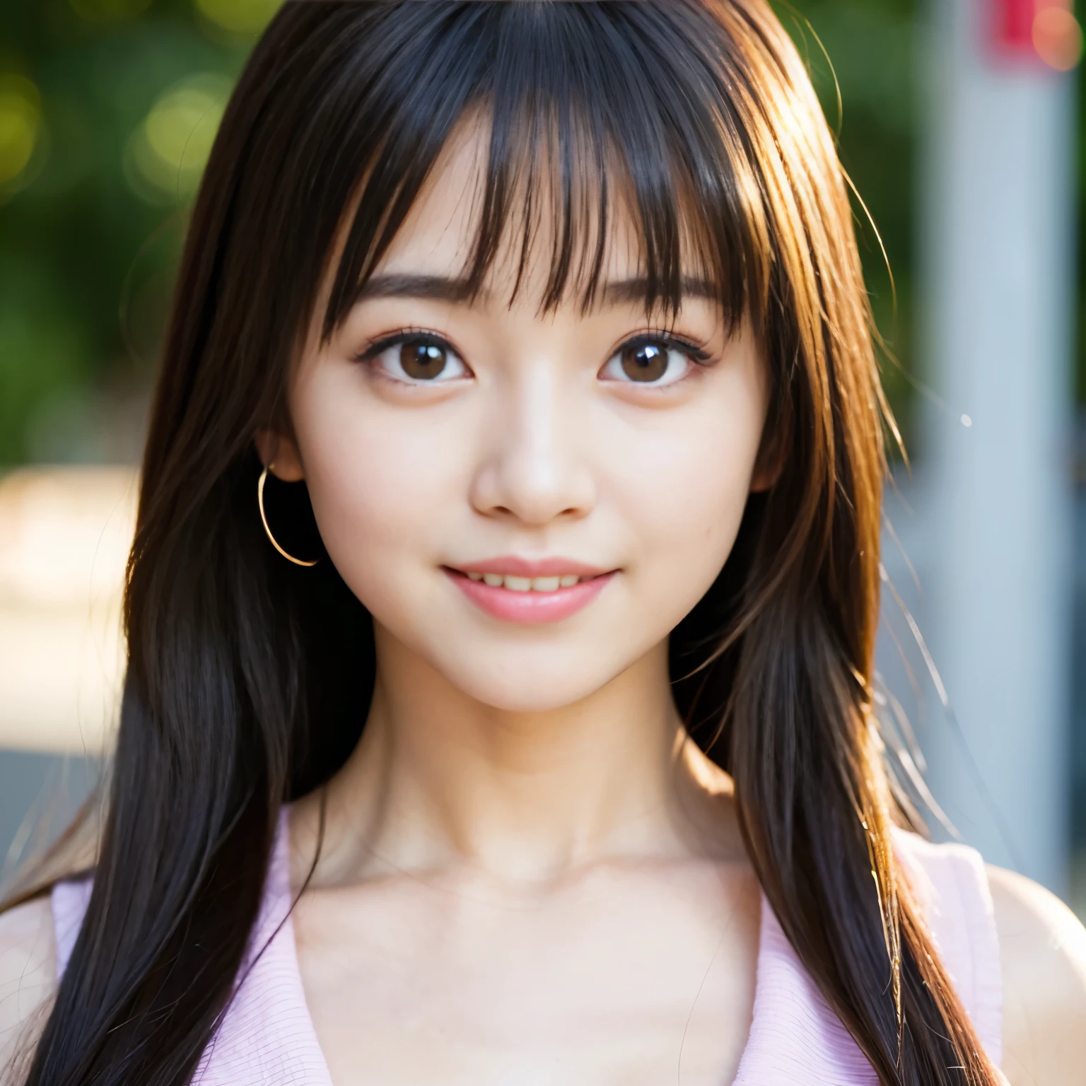 Best-quality, Masterpiece, Ultra-High-Resolution, (Photorealistic:1.4), Raw-Photo, 64K, depth of field, professional lighting, perfect anatomy, extremely details, 1girl, the most famous Japanese idol, ((extremely cute face like the most popular Japanese idol, ((extremely cute and extremely big eyes)), extremely beautiful hair)), extremely beautiful lips, extremely beautiful teeth, looking at viewer, innocent smile